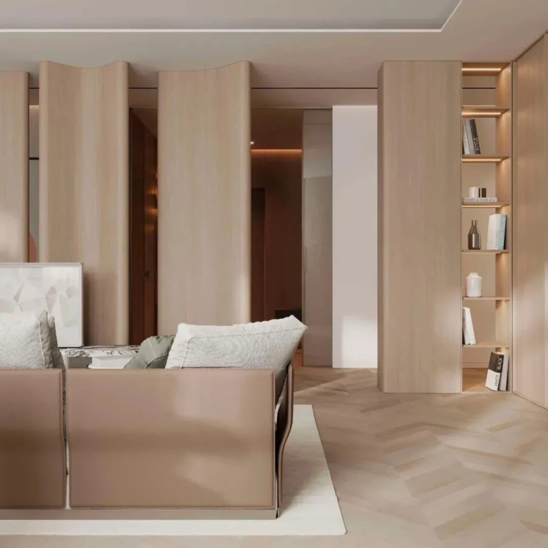A modern bedroom featuring a marble bed headboard, wood panel walls, and leather headboard.
