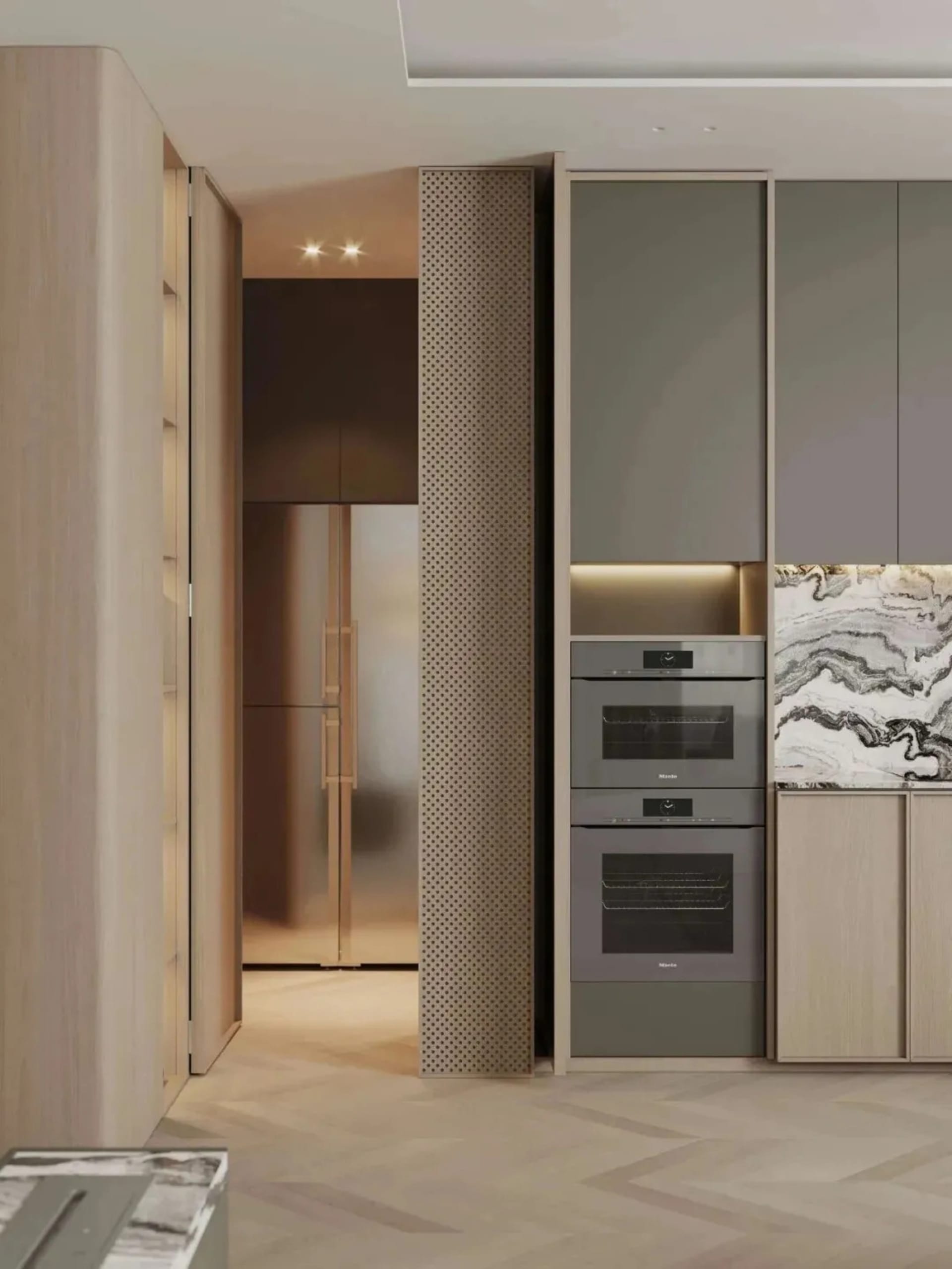 Modern kitchen featuring wood cabinetry and metallic appliances in a residential setting.