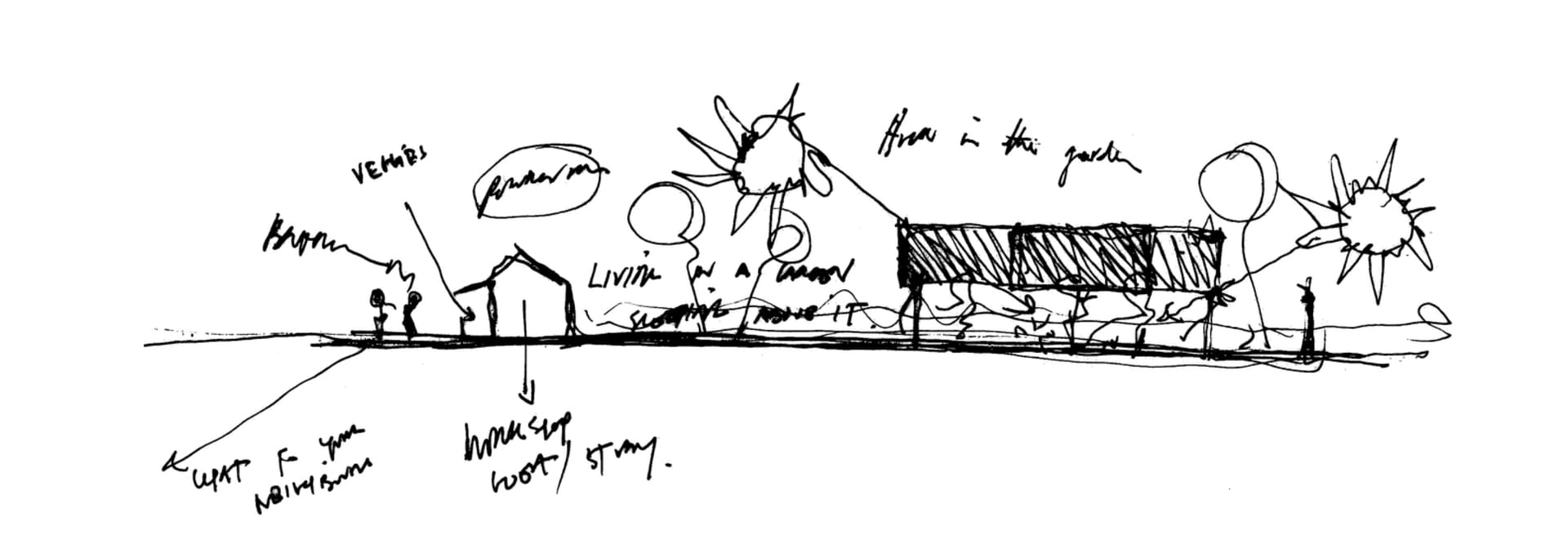 Hand-drawn architectural sketch depicting a landscape design with various elements such as trees, buildings, and pathways.