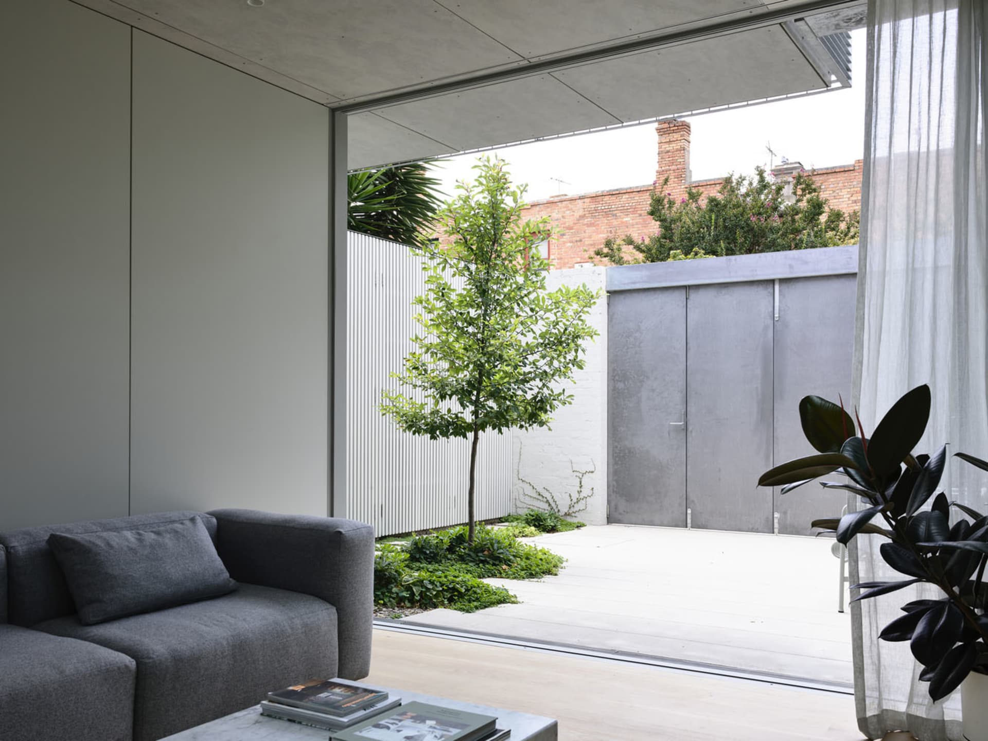 A modern living room with a concrete exterior and indoor plants.