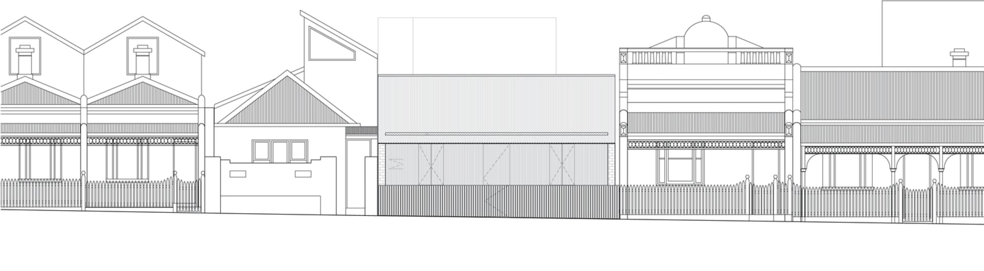 一幅線稿展示住宅渲染，呈現多種建築特色與材質。