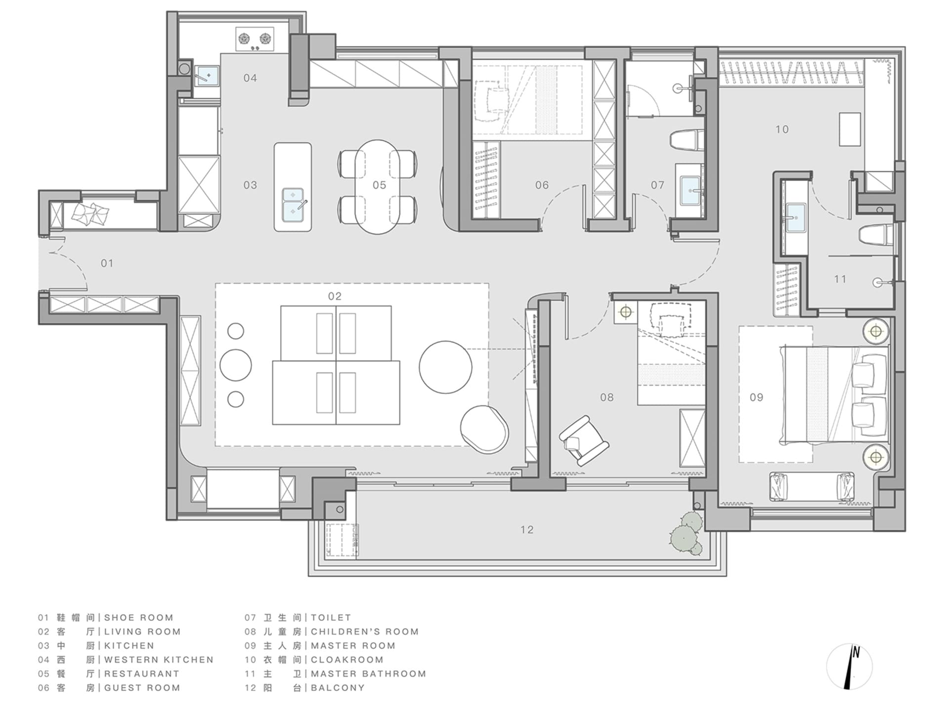 A detailed 2D architectural drawing of a modern residential apartment floor plan showing various rooms and spaces.