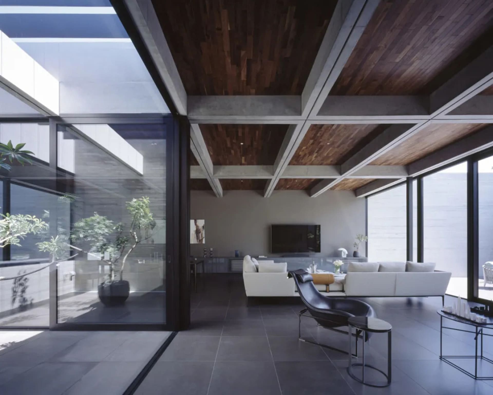 Contemporary living room with concrete and glass walls and a wooden ceiling.