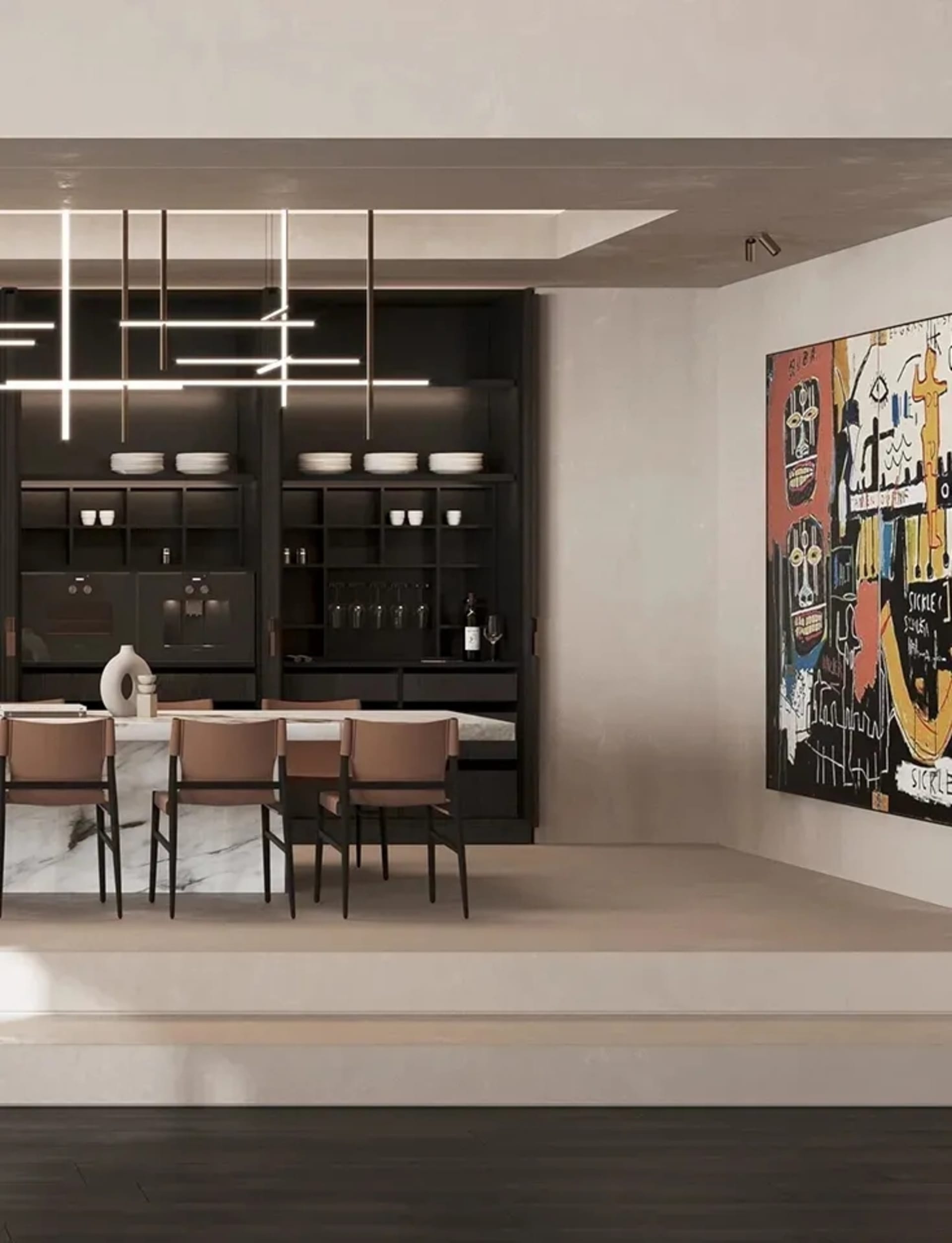 A modern dining room featuring marble countertops and minimalist design elements.