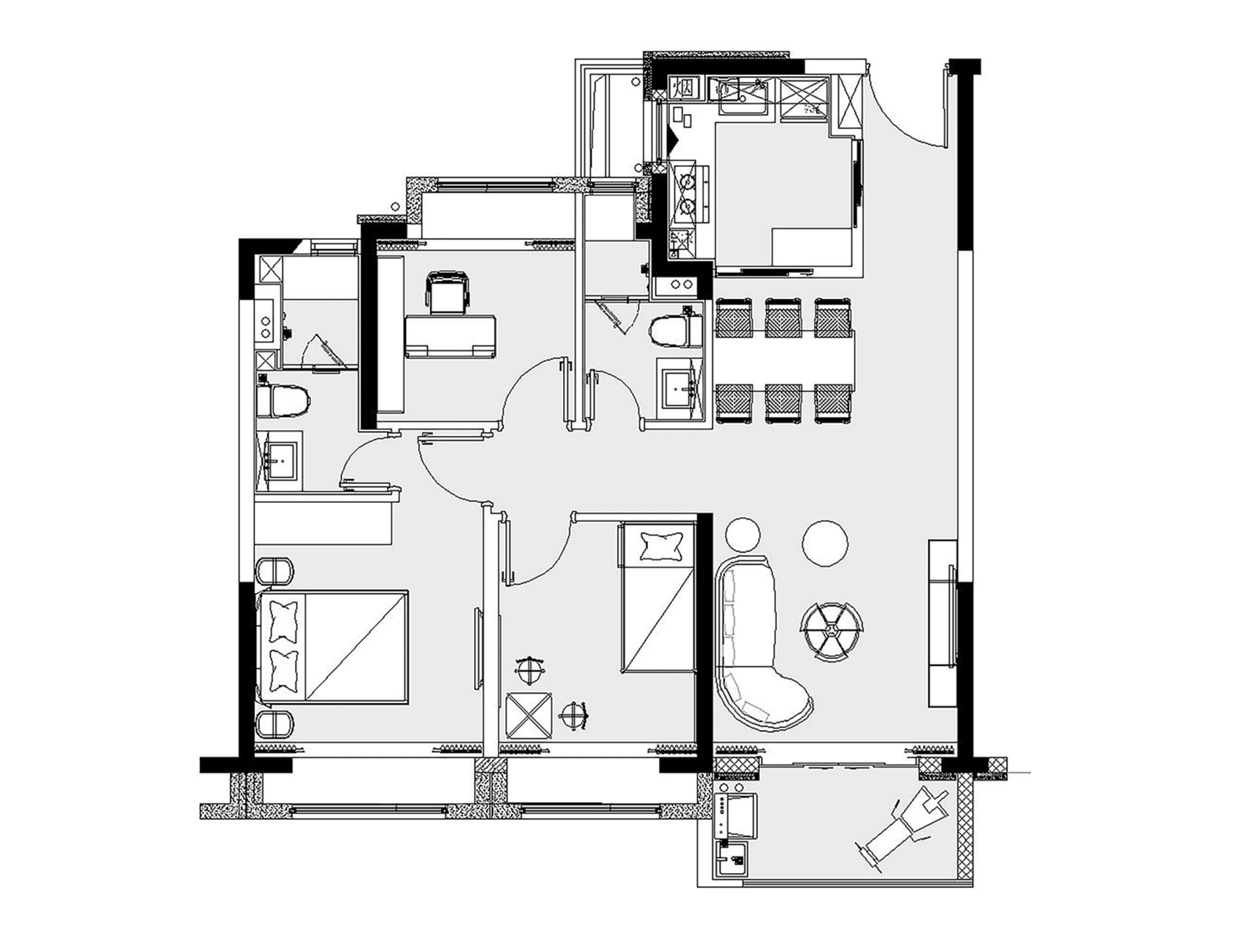 Floor plan of a modern residential apartment showing layout and design elements.