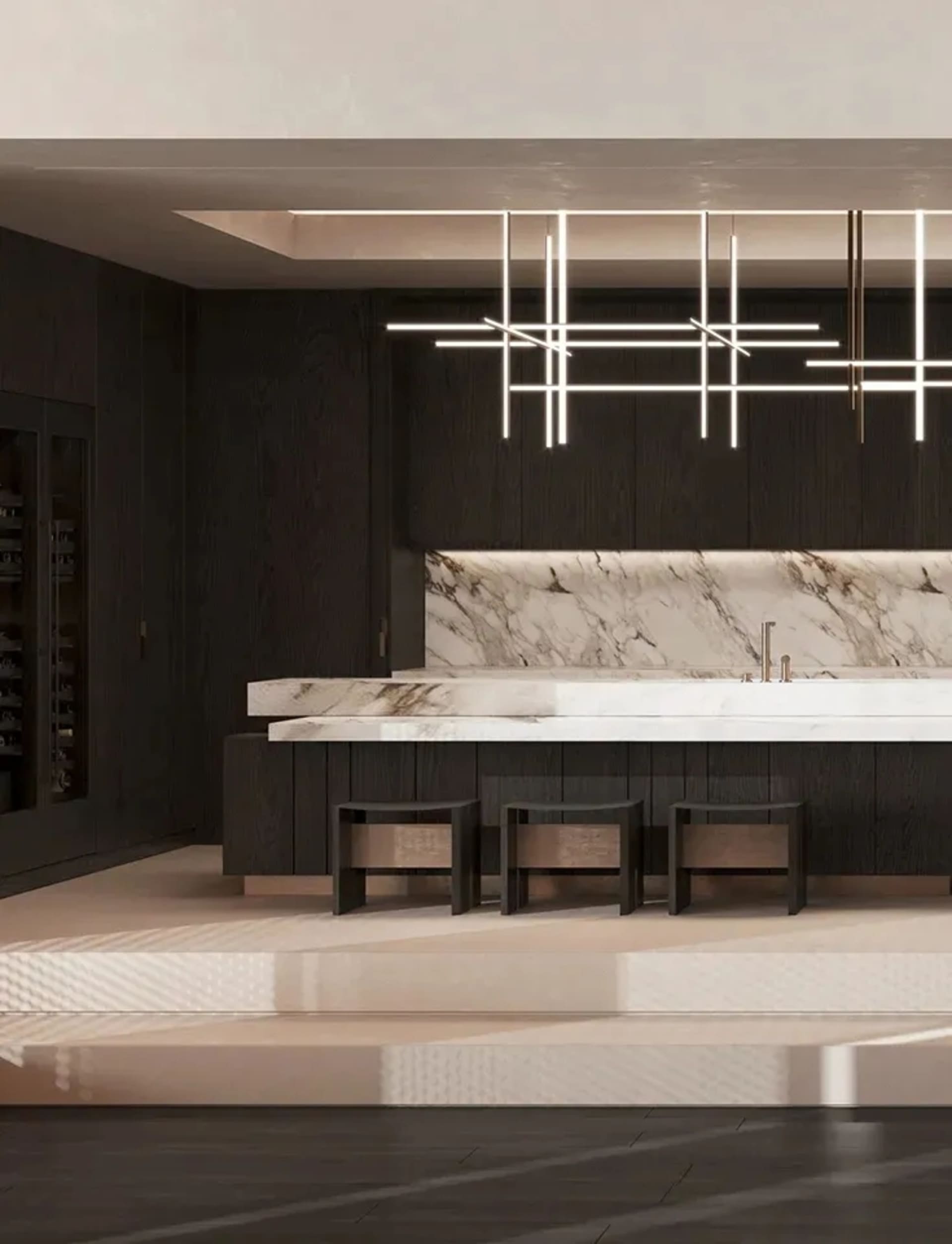 Modern residential kitchen featuring marble countertops and black wood cabinets.
