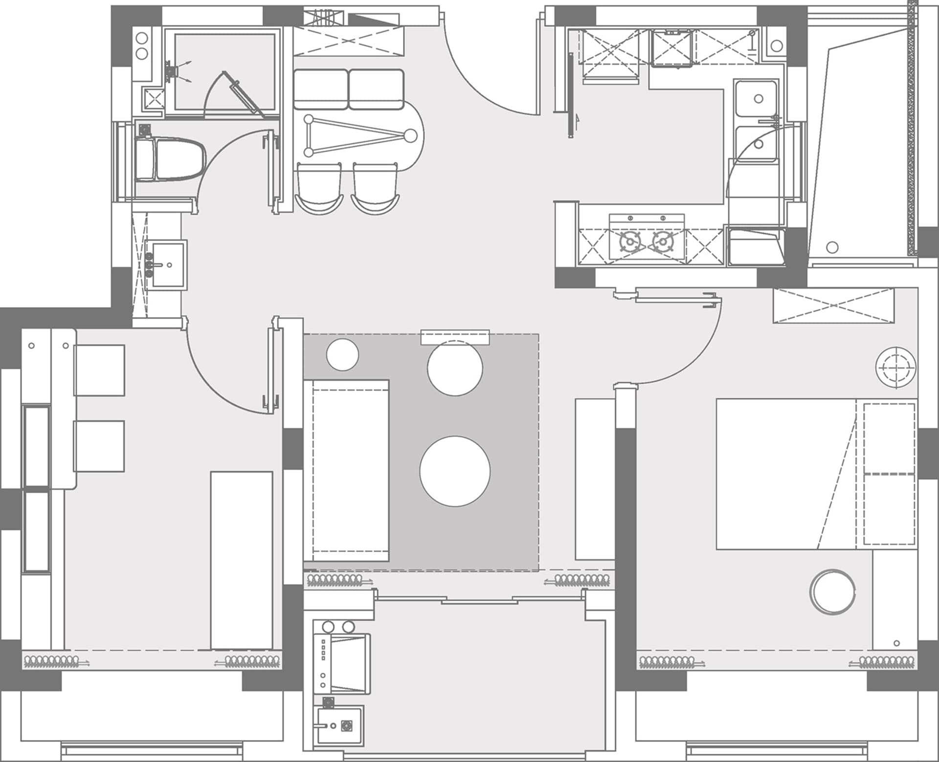 Floor plan of a modern apartment showing living room, kitchen, bedrooms, and bathrooms.