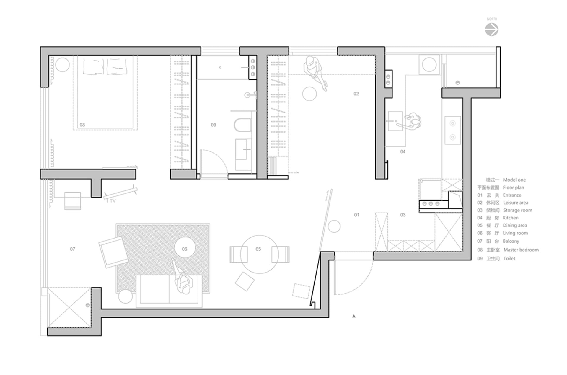 Floor plan of a modern apartment showing the layout of all rooms and functional zones.