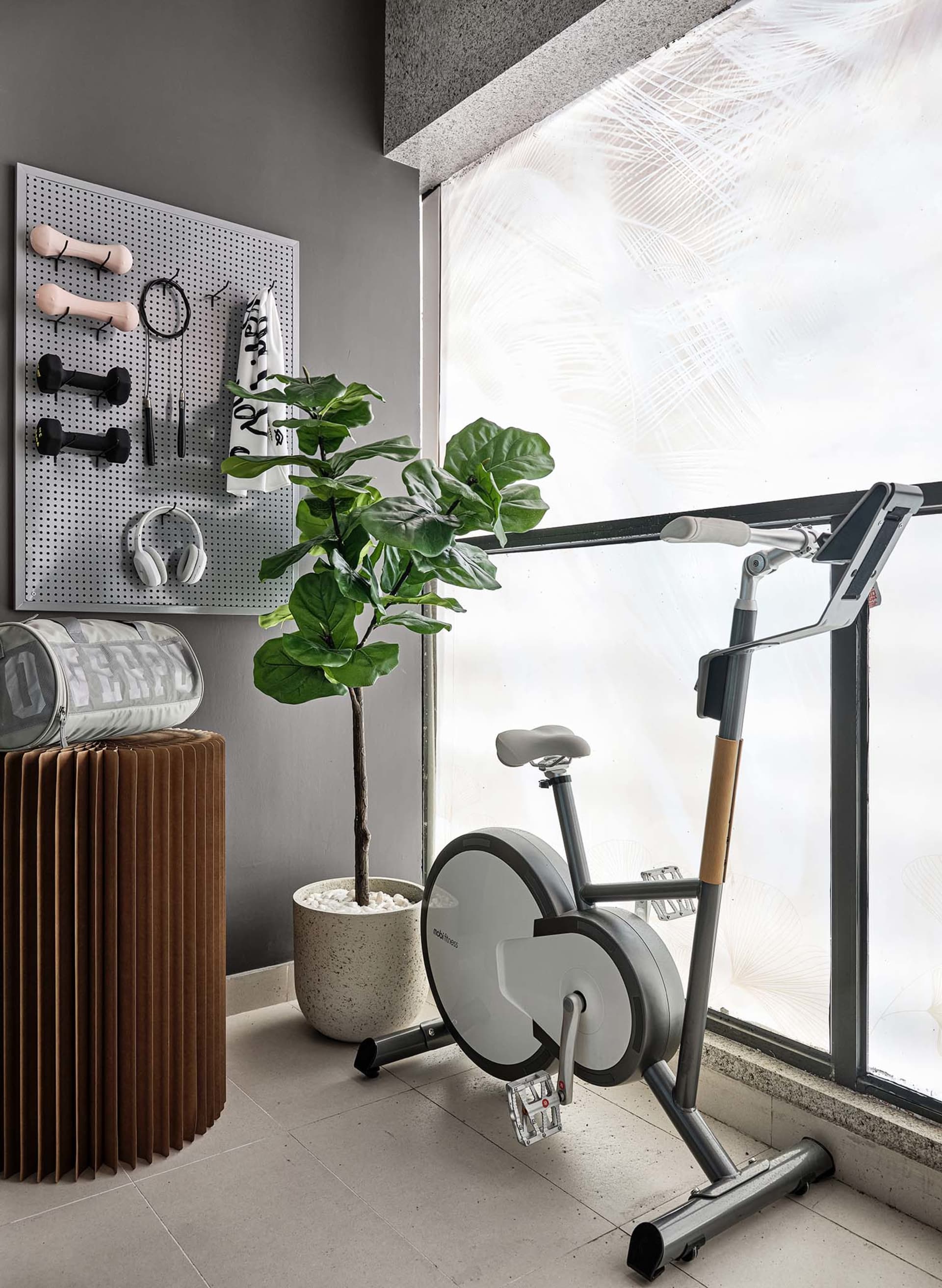 A modern fitness room with gray materials and greenery includes a stationary bike, dumbbells, headphones, a plant, and a stor