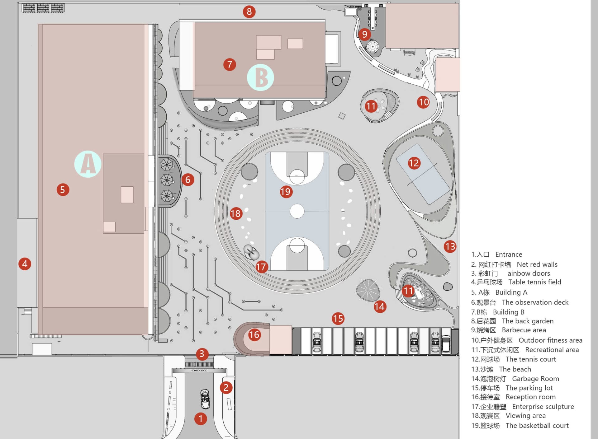 Floor plan of a park with concrete, glass, and metal structures