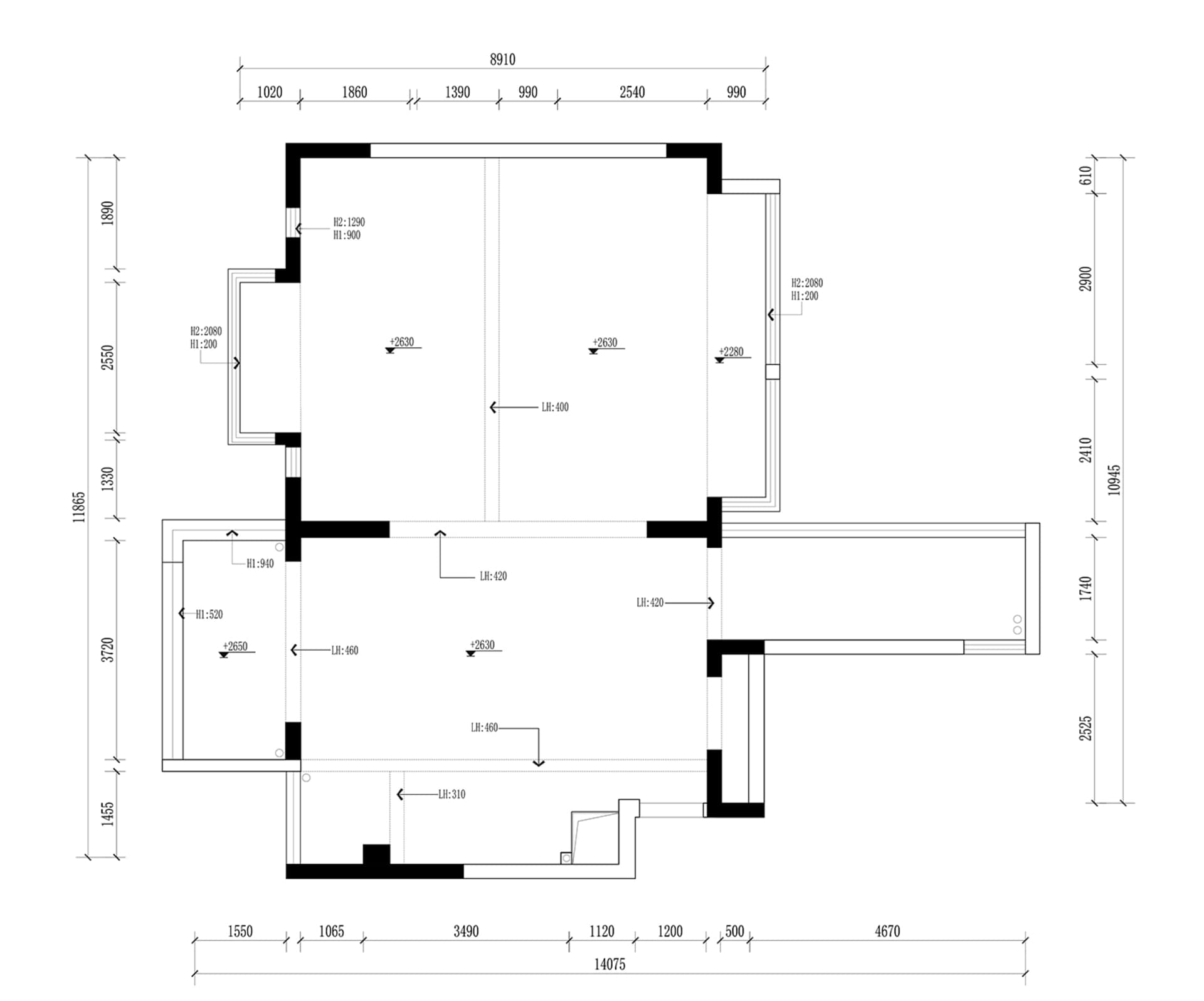 現代住宅空間的2D建築平面圖，搭配混凝土牆面與地板。