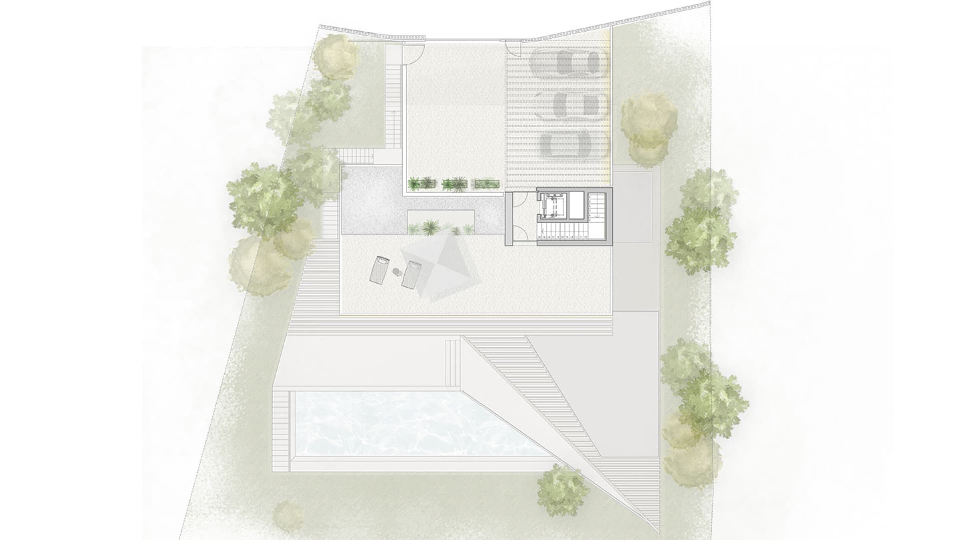 An overhead view of a modern residential floor plan featuring concrete and glass materials.