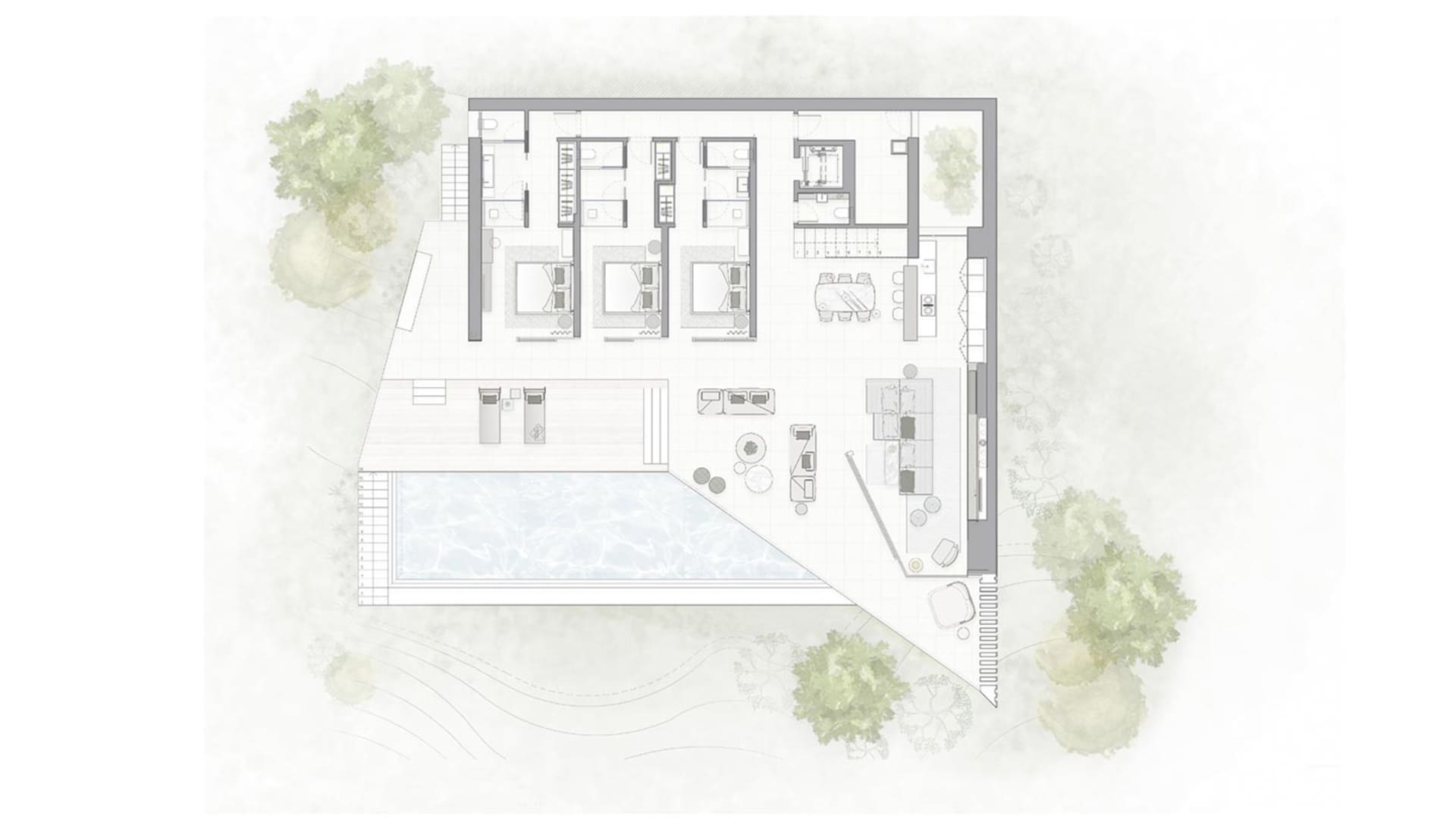 極簡住宅建築的平面圖,展現現代設計元素。