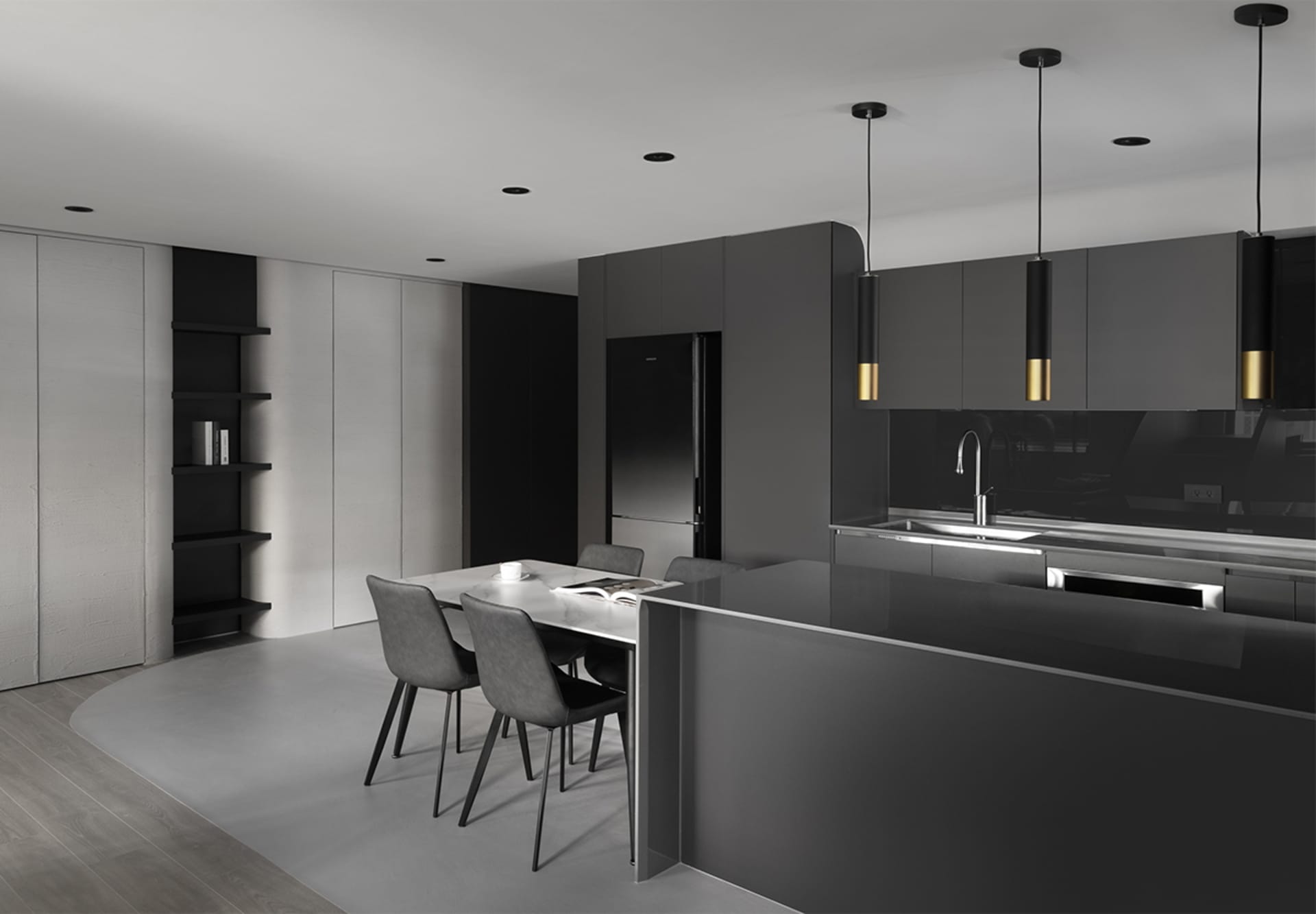 Modern black kitchen design with metallic accents and minimalist style.