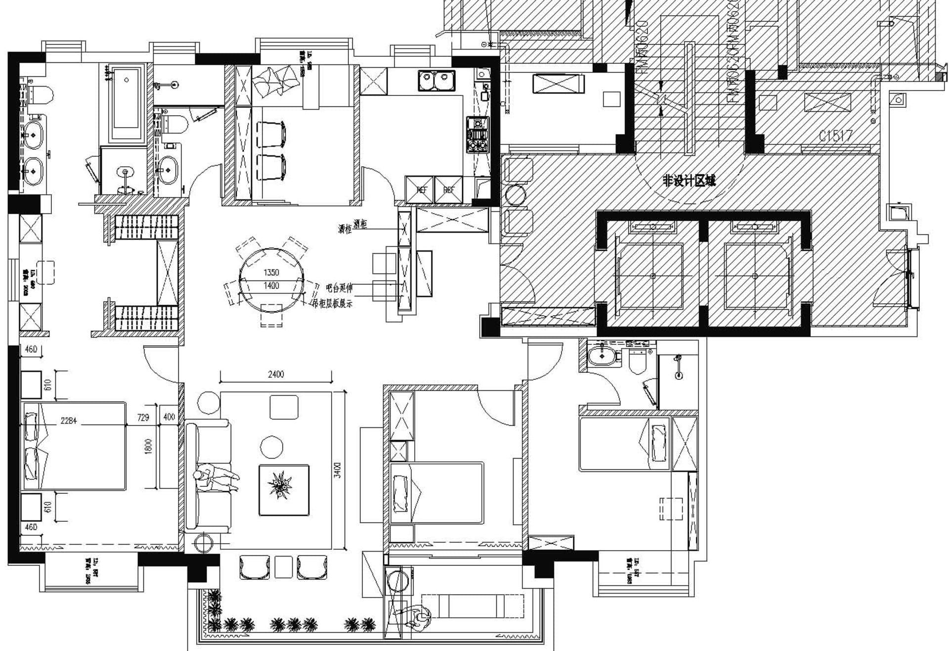 A detailed 2D architectural drawing of a modern residential plan