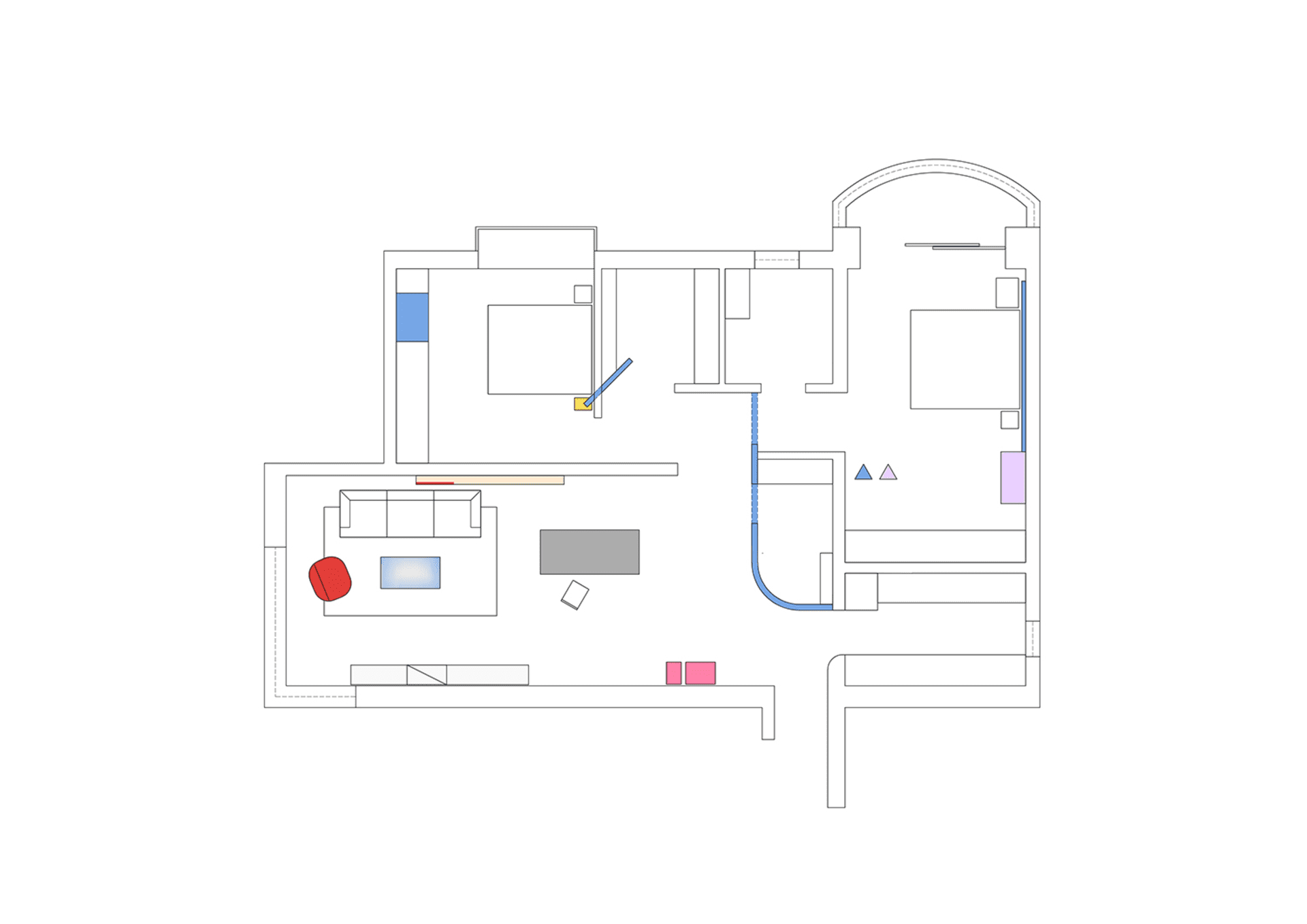 Floor plan of a modern residential apartment featuring contemporary design elements such as concrete walls, wooden flooring,