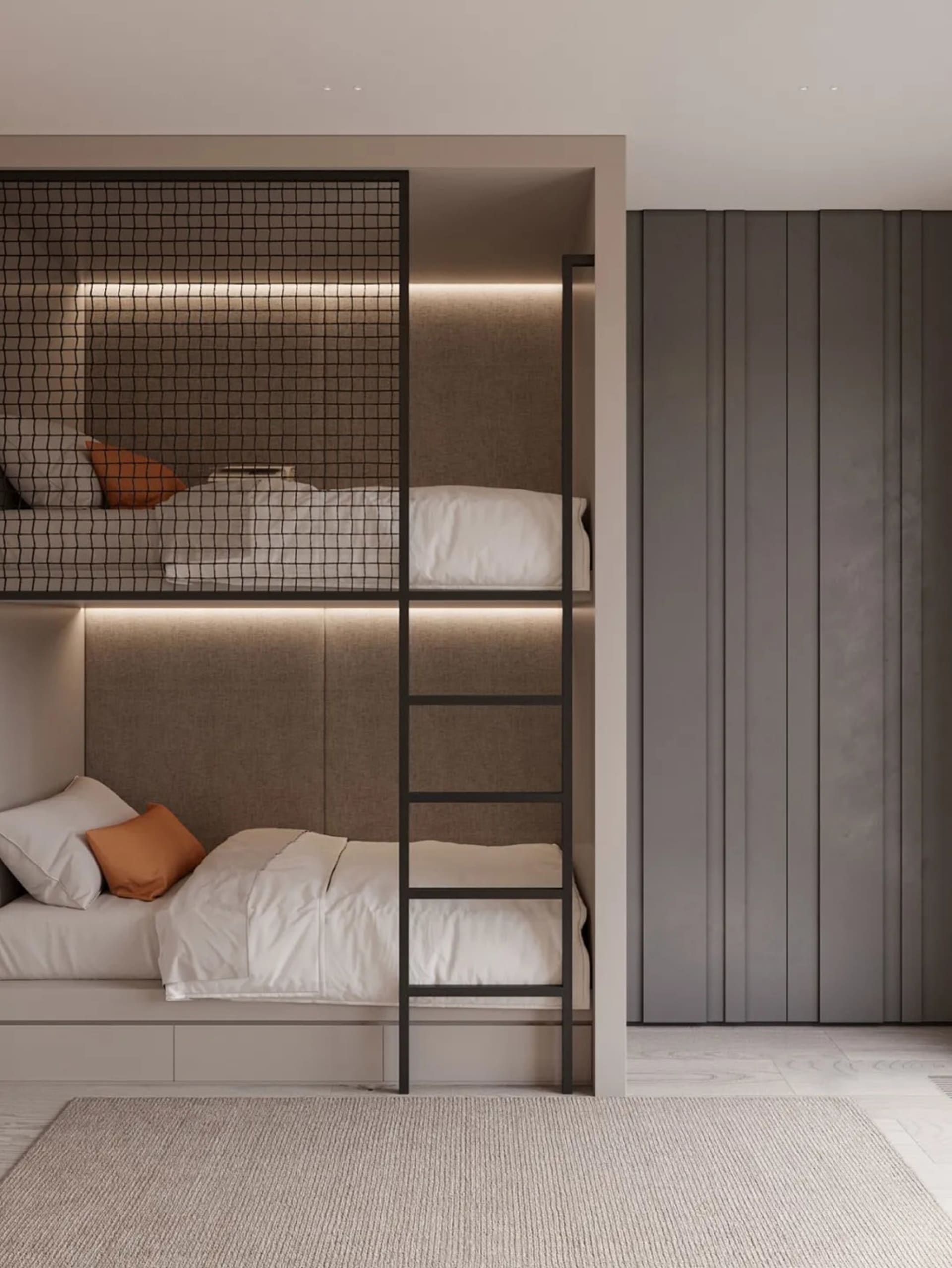 Modern bunk bed with minimalist design and contemporary furniture in a bedroom