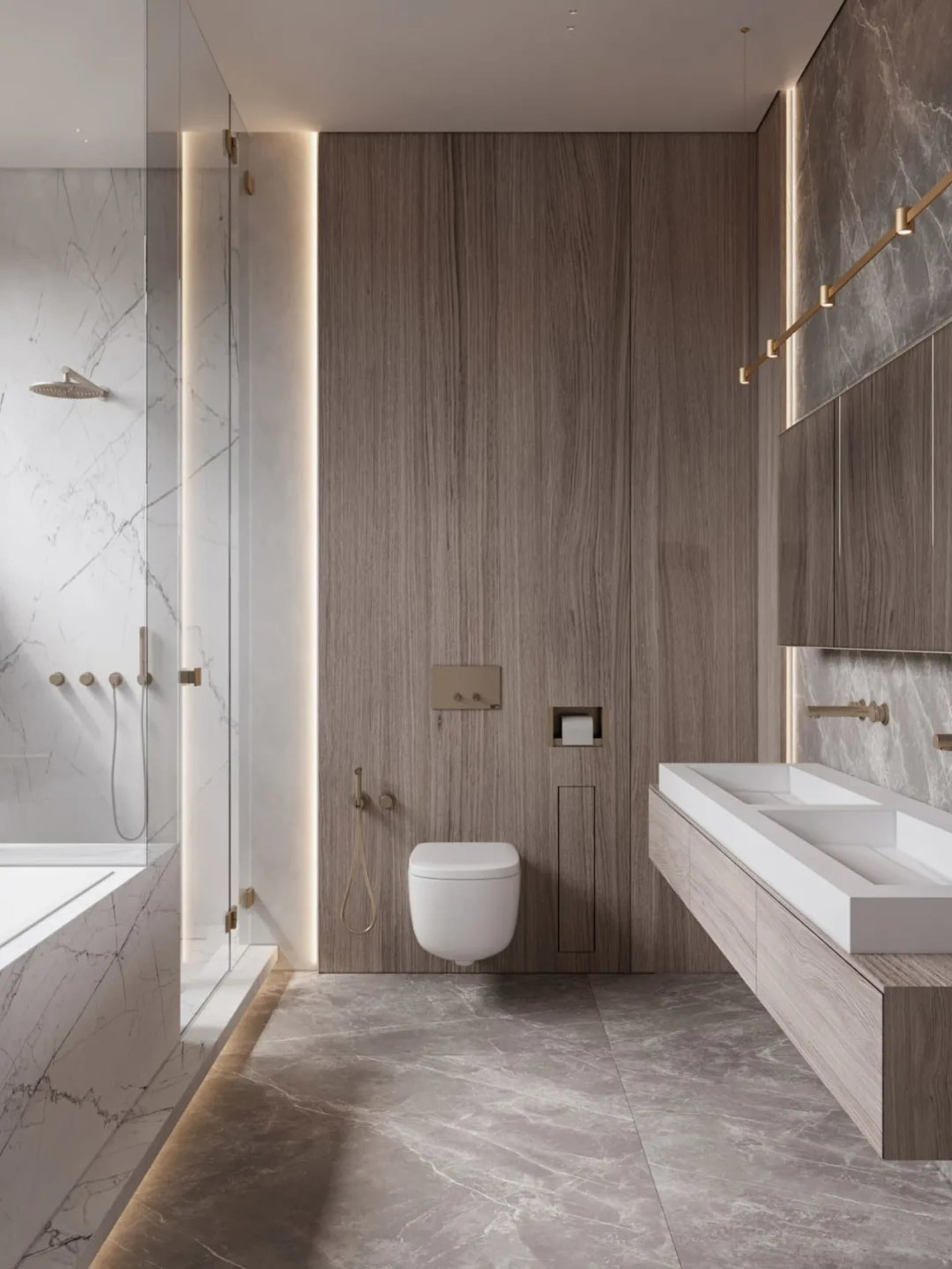 Modern minimalist bathroom with marble features and wooden accents.