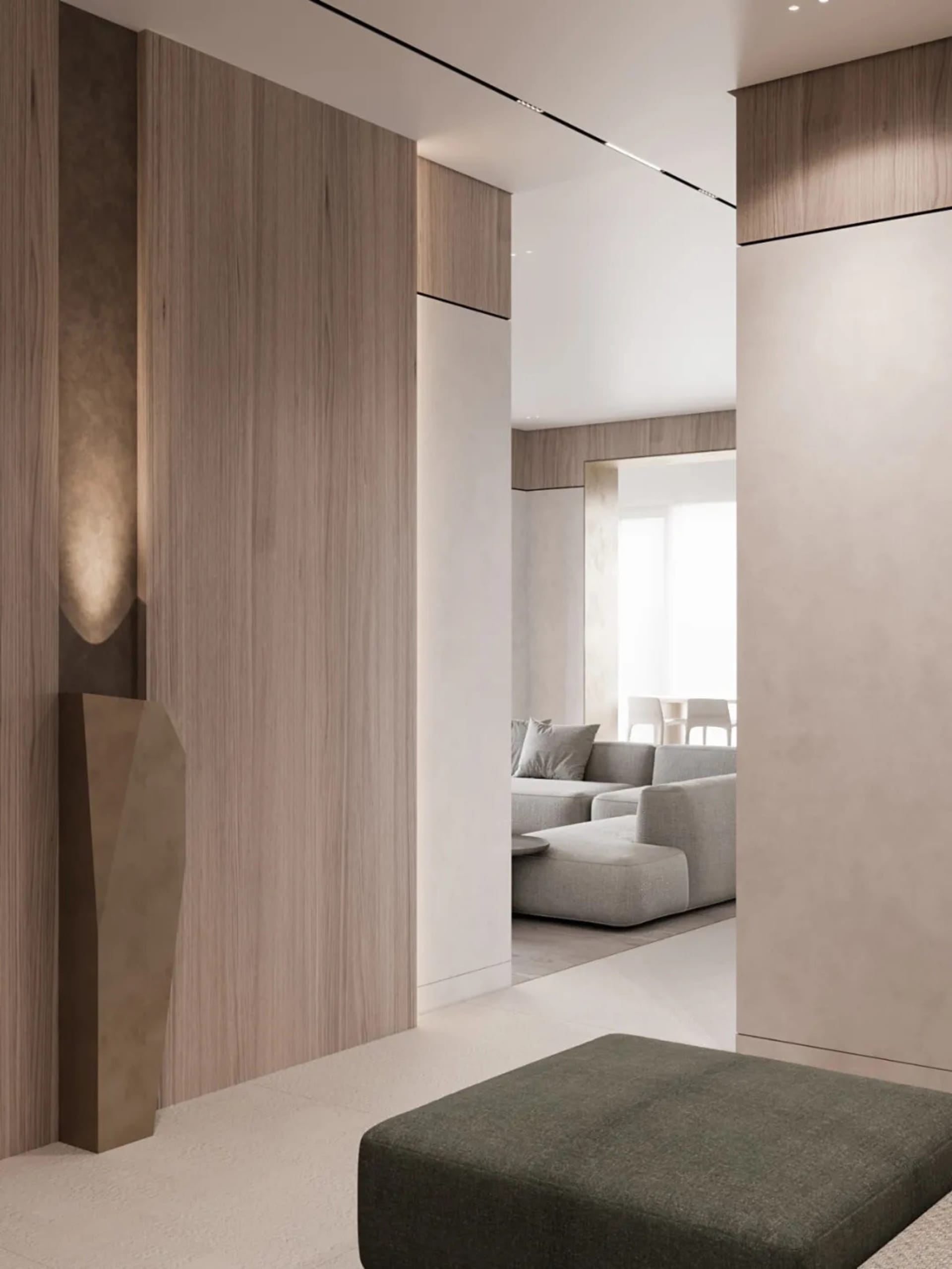 A modern minimalist living room with wooden walls and flooring.