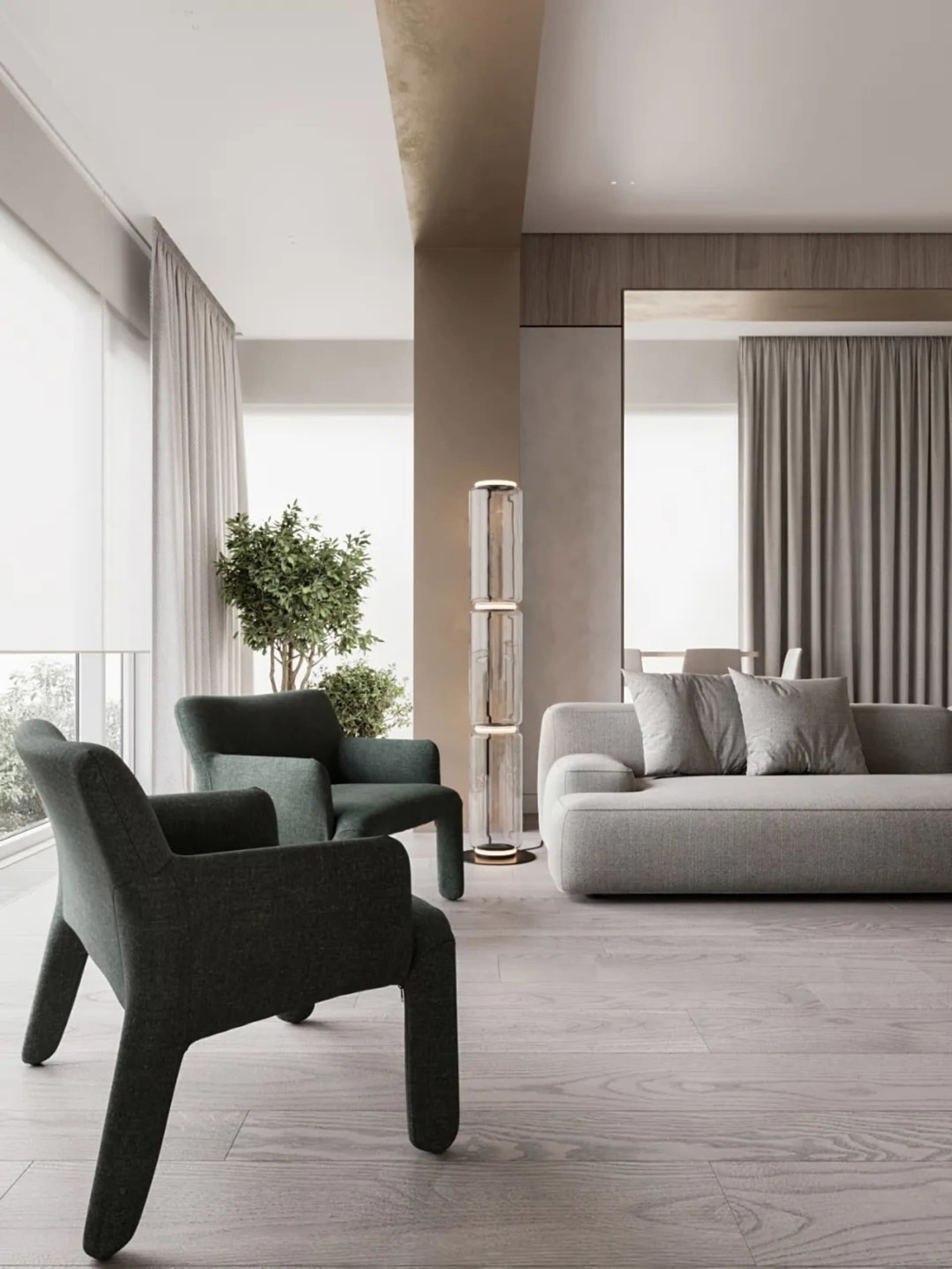 A modern living room featuring fabric furniture, glass accents, and wooden elements.