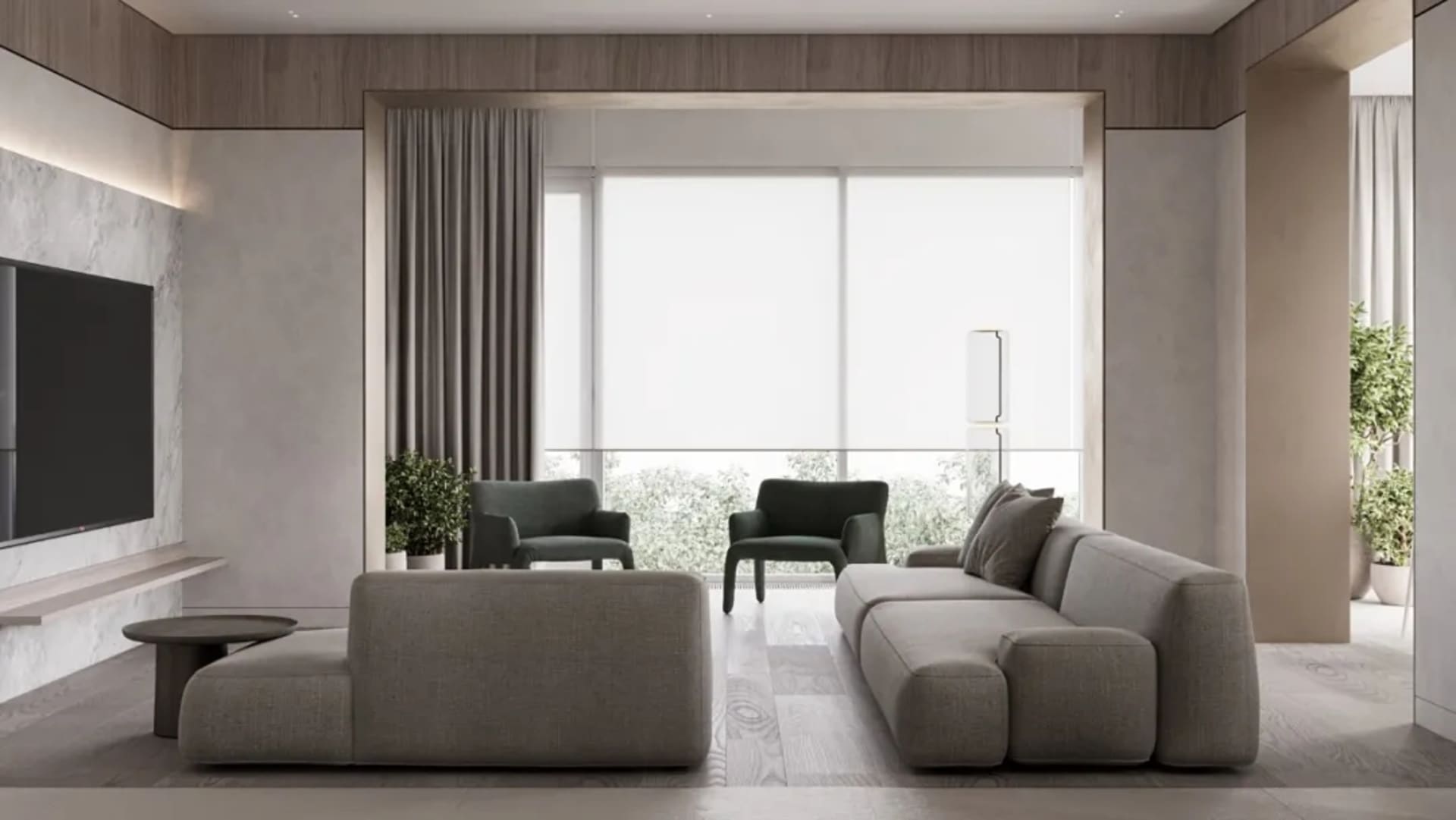 Modern industrial living room featuring wooden paneling.