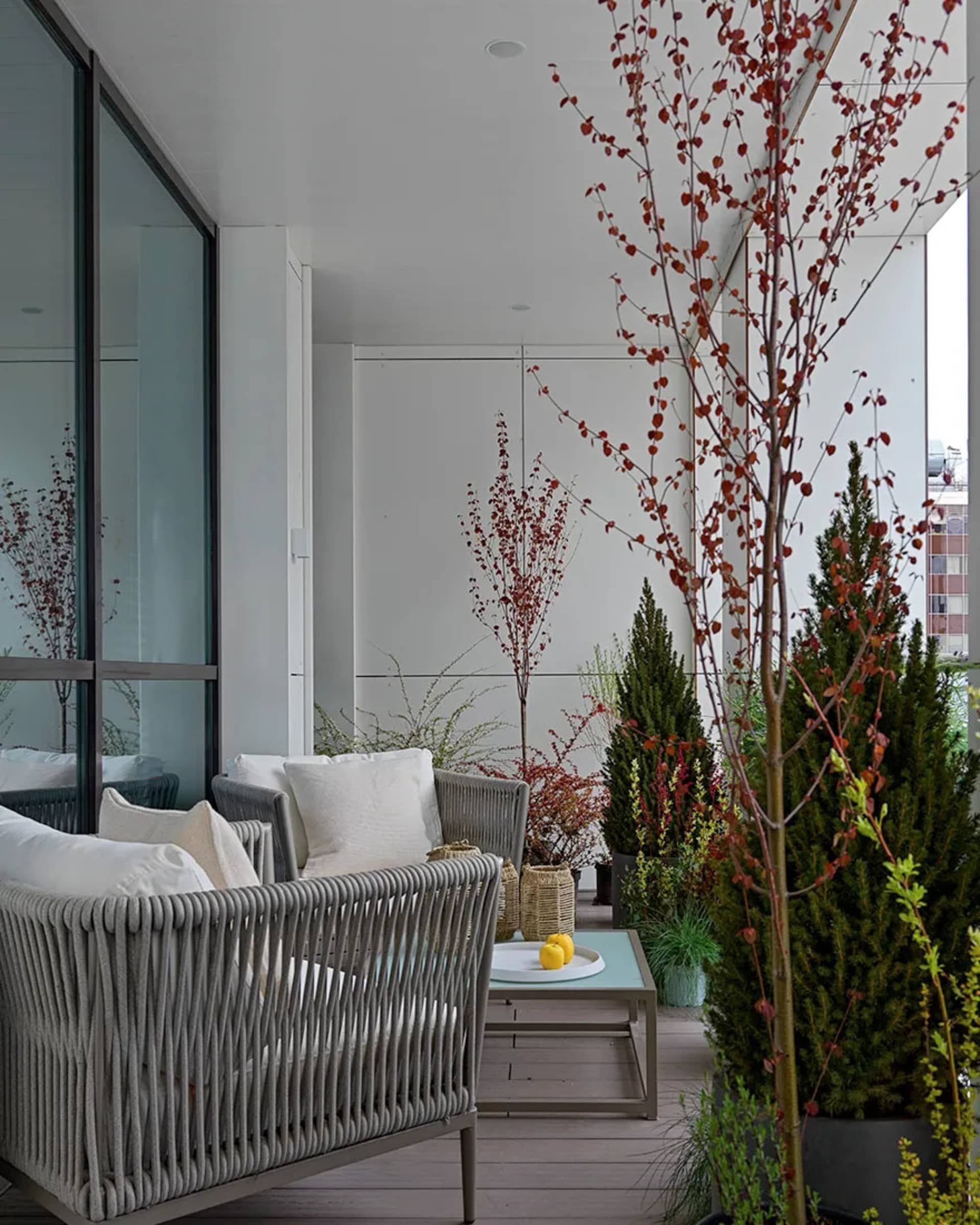 A minimalist patio featuring woven rope furniture, porcelain accents, and assorted potted plants.