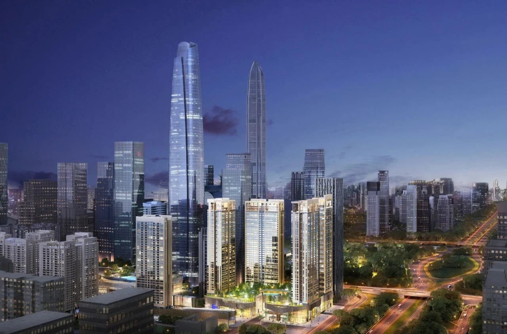 Modern cityscape featuring high-rise buildings constructed with glass, concrete, and steel materials.