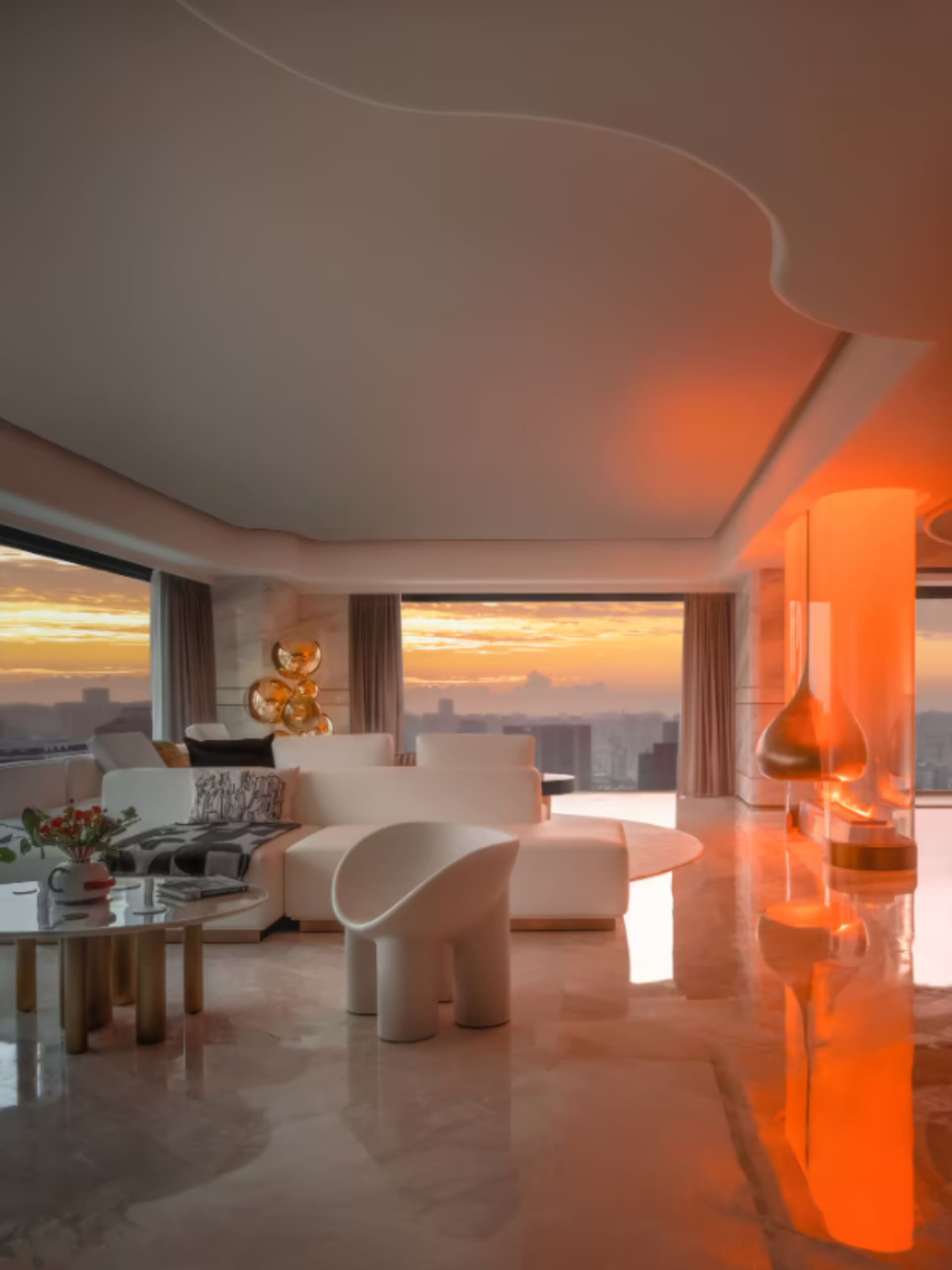 Modern living room with marble interior design.