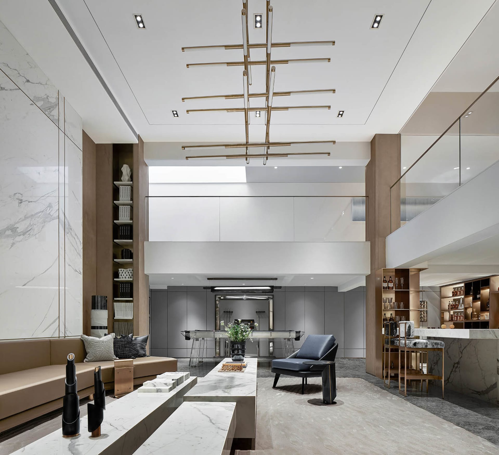 A modern living space featuring marble and concrete materials.