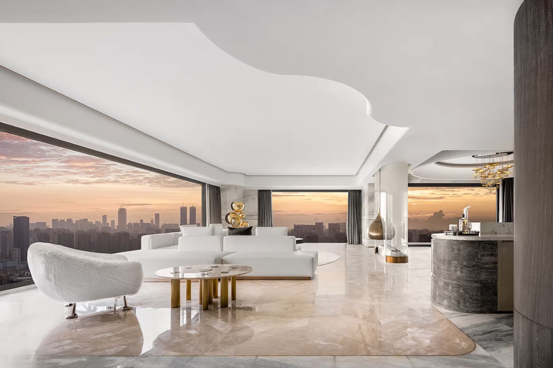Modern minimalist living room with city view, featuring marble floor, white furniture, and gold accents
