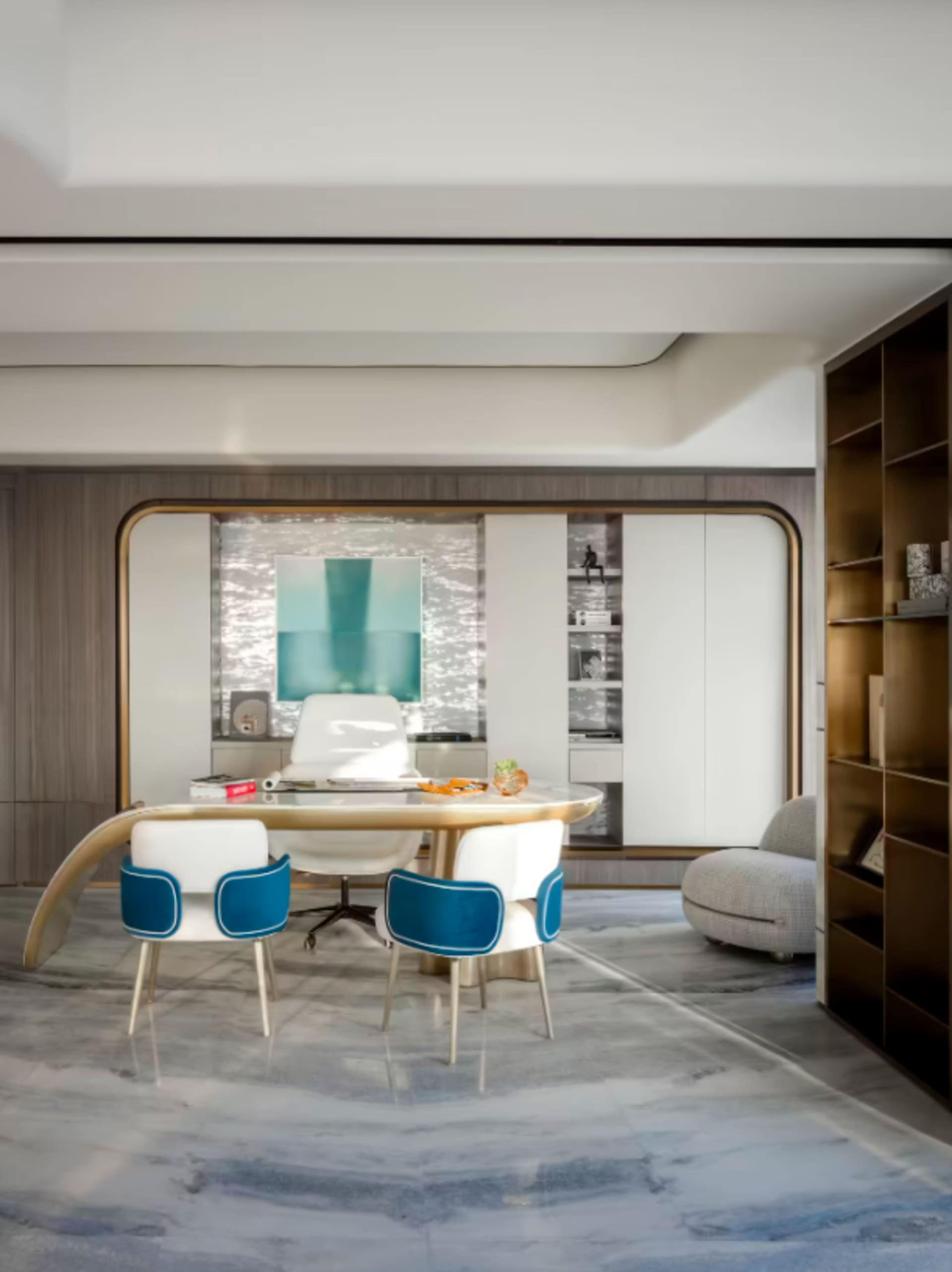 Contemporary home office featuring a wooden desk and chairs with blue accents, marble flooring, and a modern artwork on the w