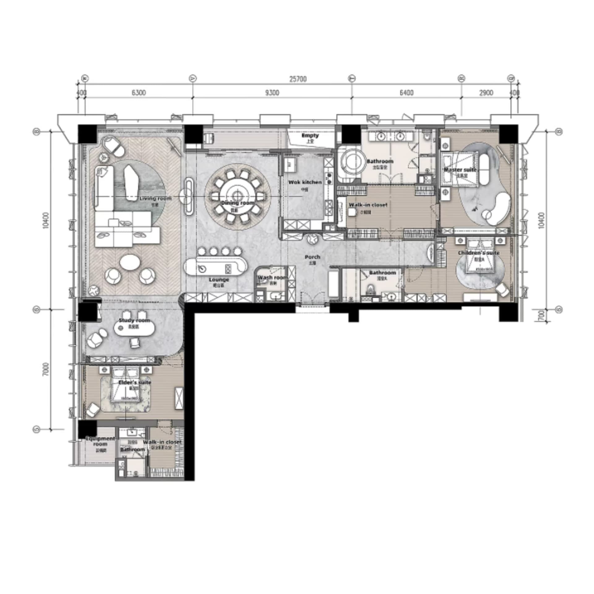 Floor plan layout of a modern residential interior featuring wood tiles and marble finishes.