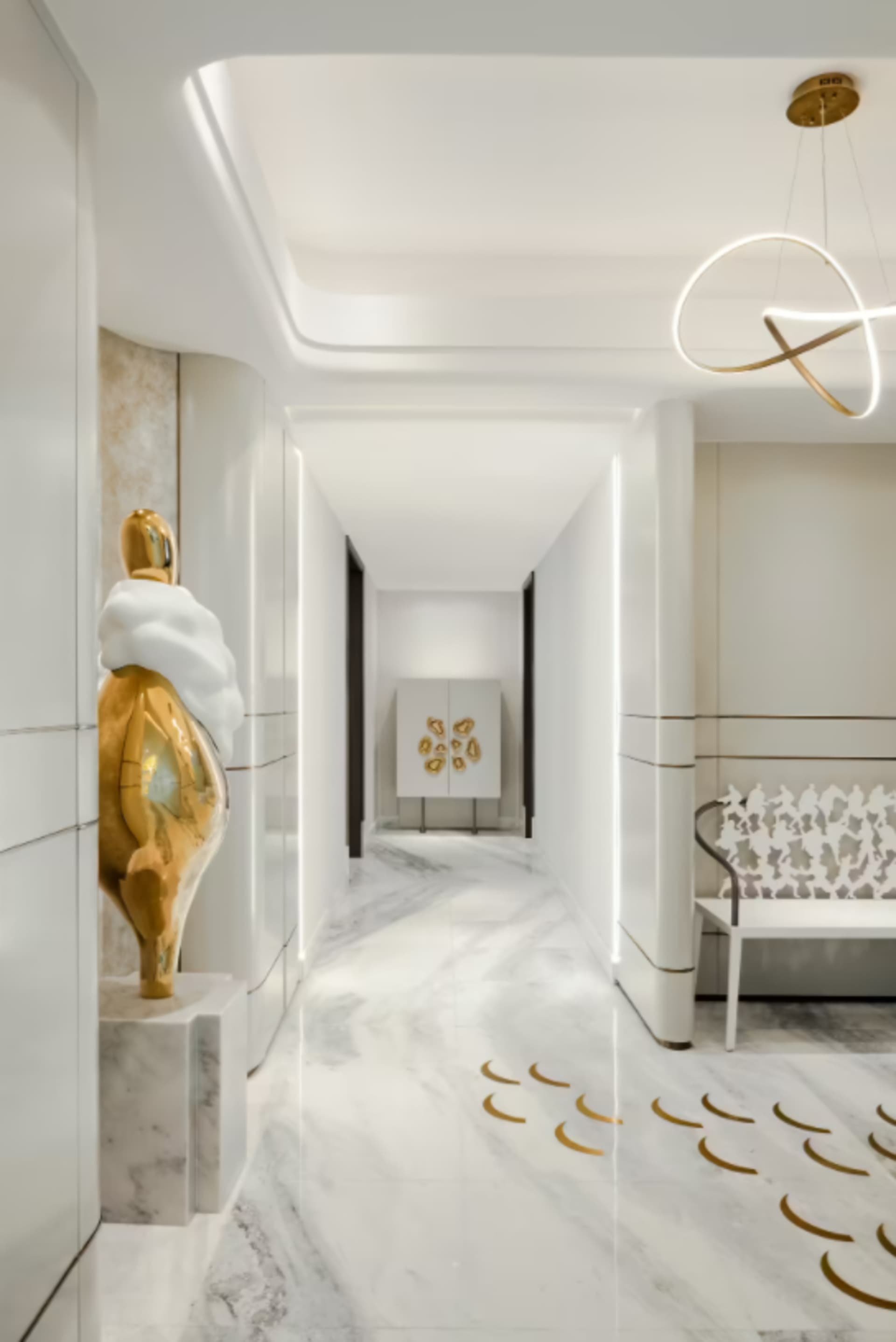 Modern minimalist corridor with marble details and abstract lighting fixture
