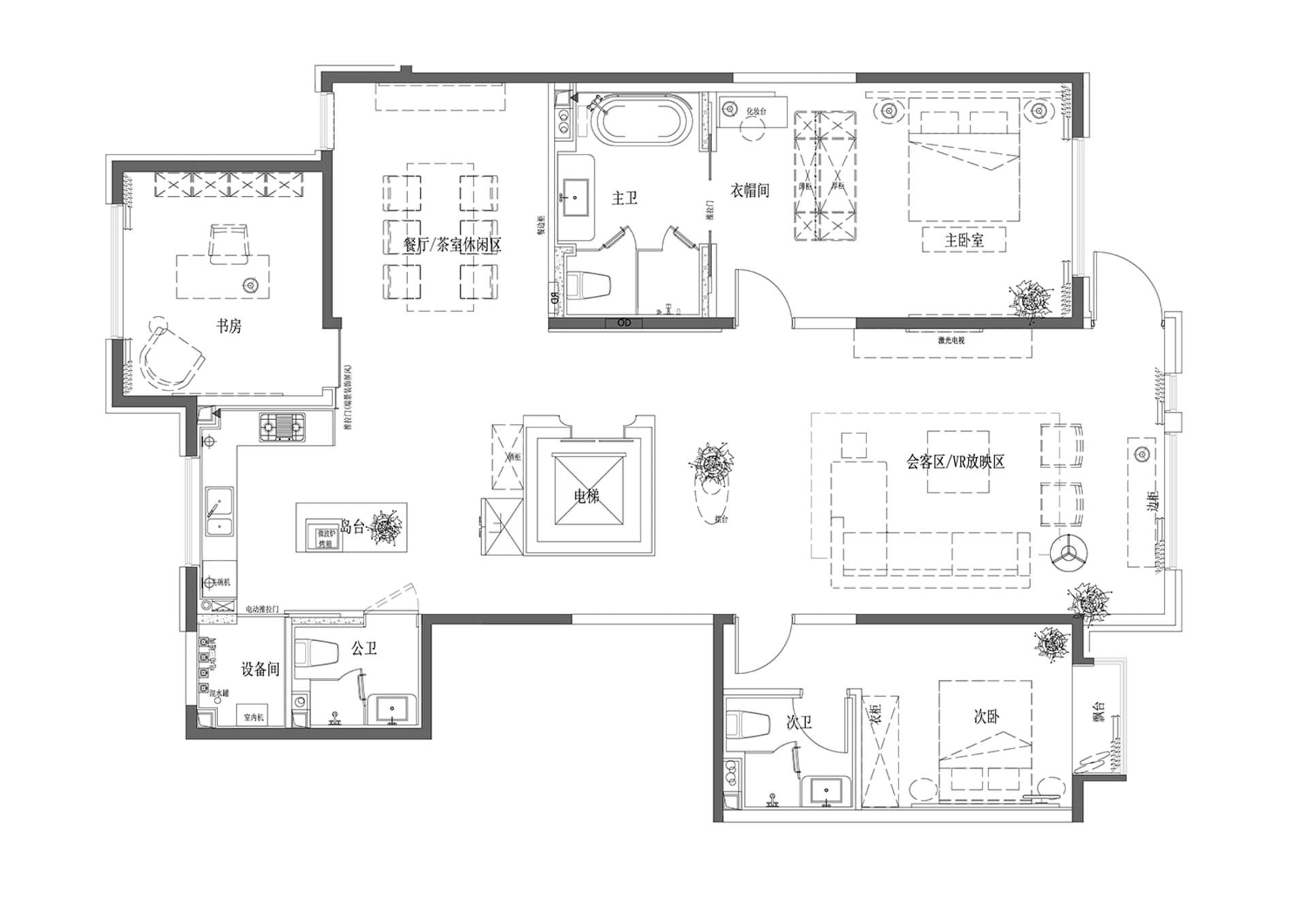現代住宅佈局的2D建築表現，搭配現代家具。