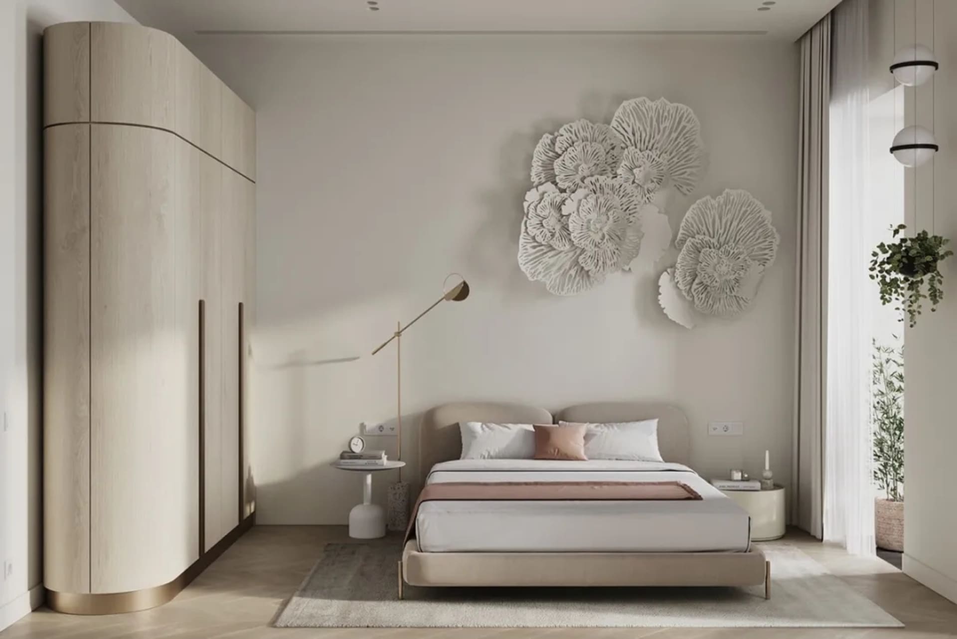 A bedroom with a neutral color palette featuring a bed, nightstand, and decorative wall art.