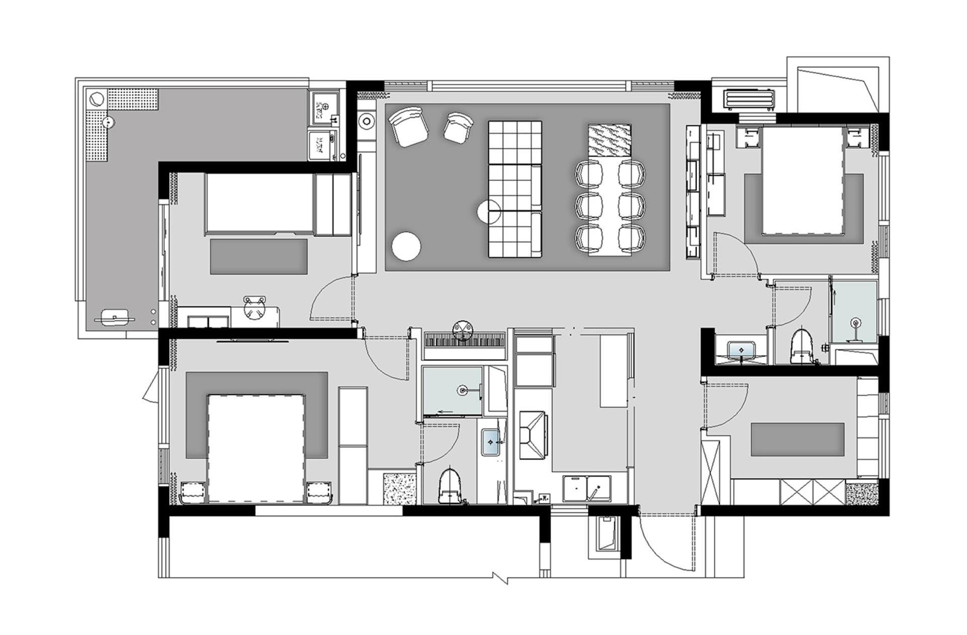A modern residential floor plan showing a living area, kitchen, bathrooms, bedrooms, and a patio.