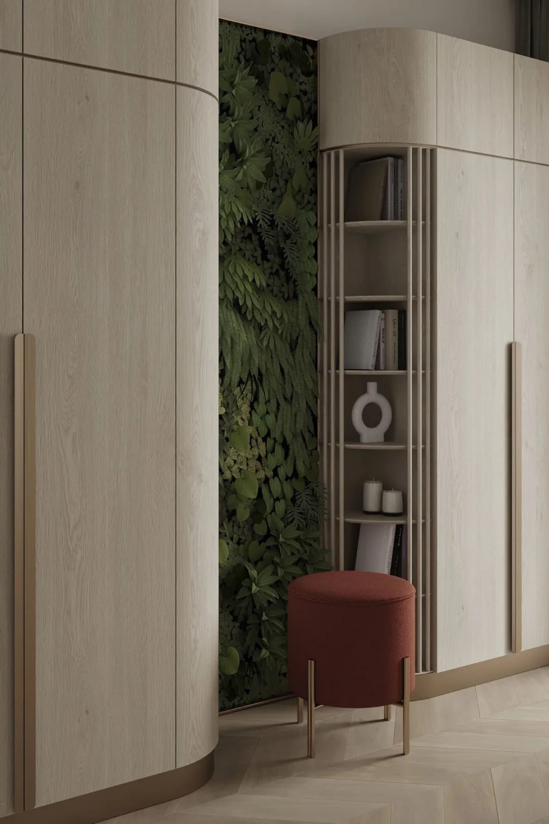 Modern interior featuring wooden storage units and greenery wall