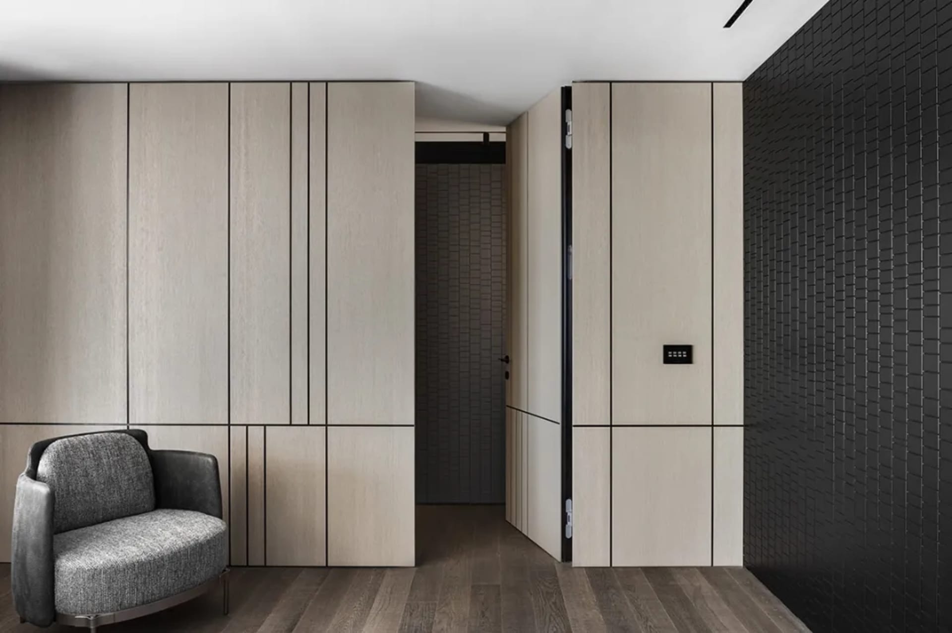 Modern living room featuring wooden and metal elements