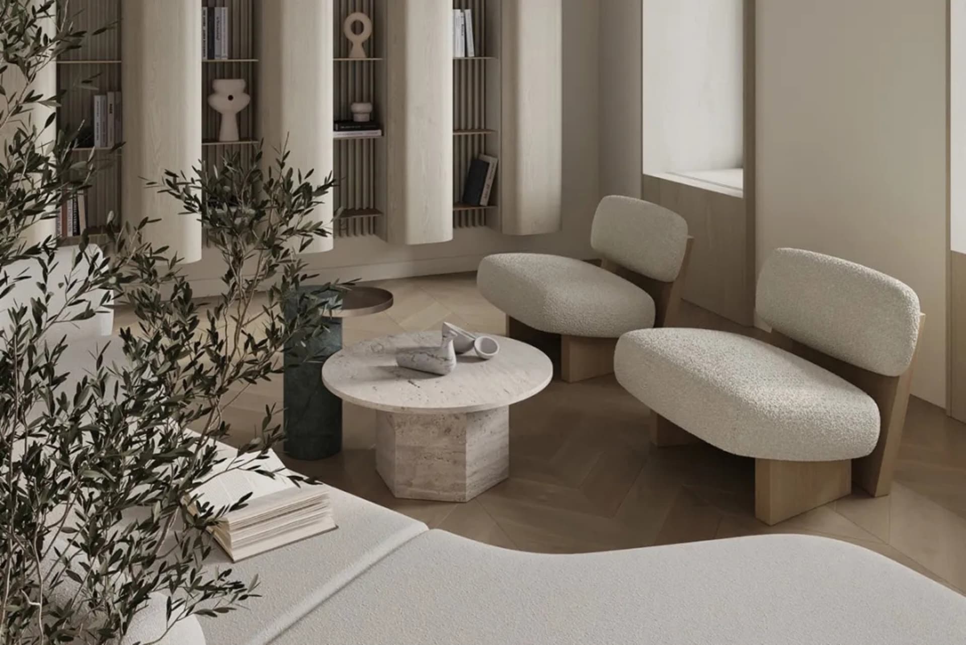 Modern minimalist living room featuring textured cotton fabric furniture and neutral color palette.
