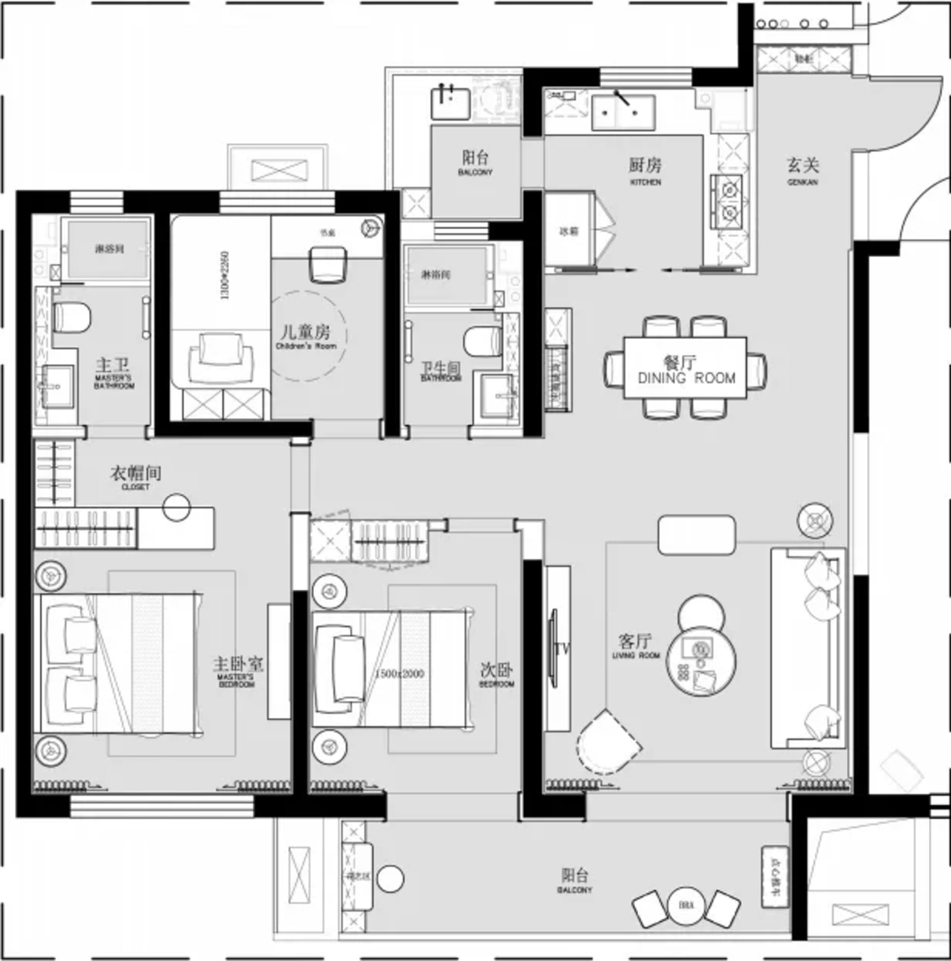 現代公寓的詳細室內平面圖，展示廚房、客廳、臥室等房間與區域的配置