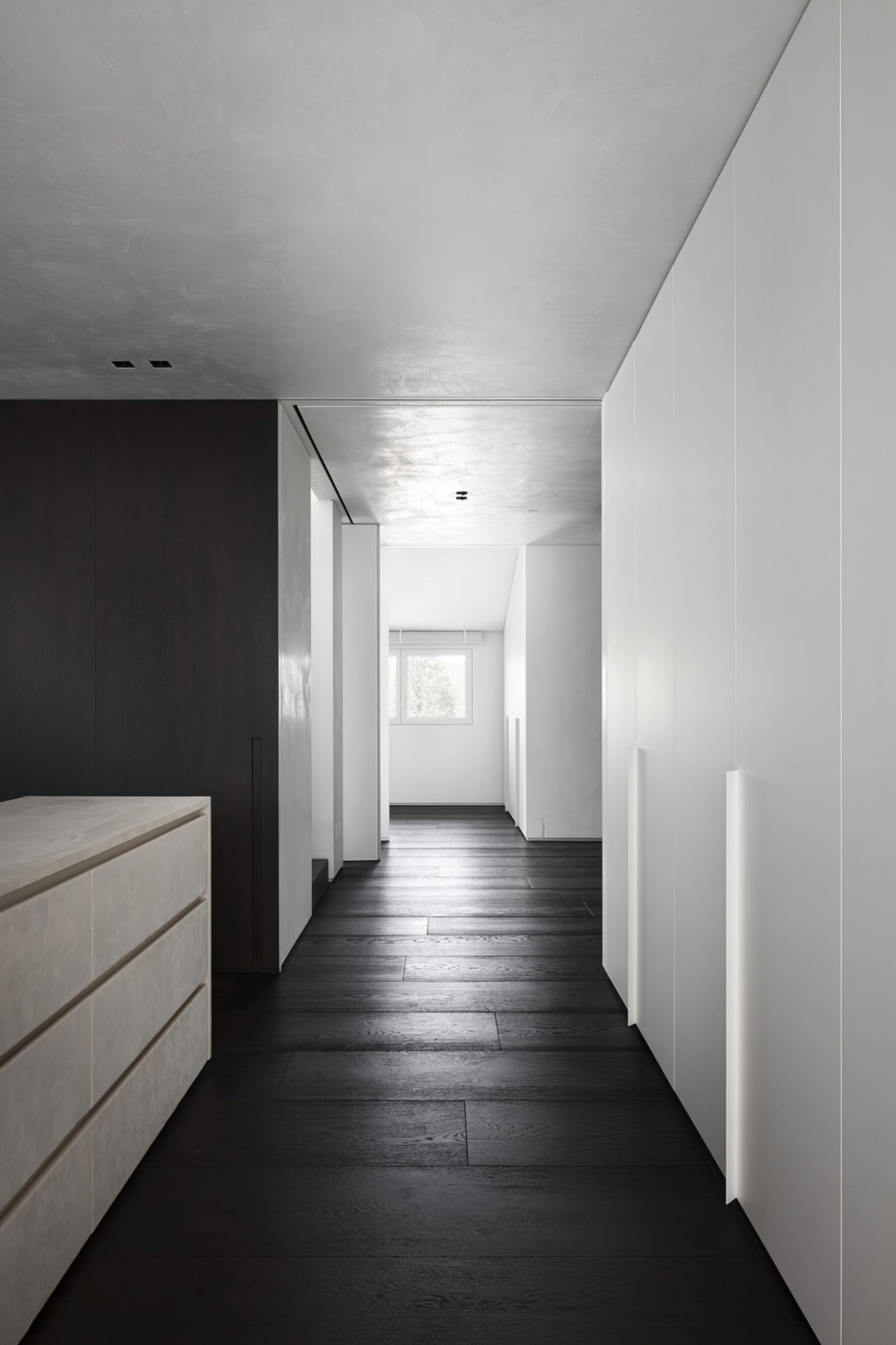 Modern minimalist hallway with blackwood floor and concrete walls.