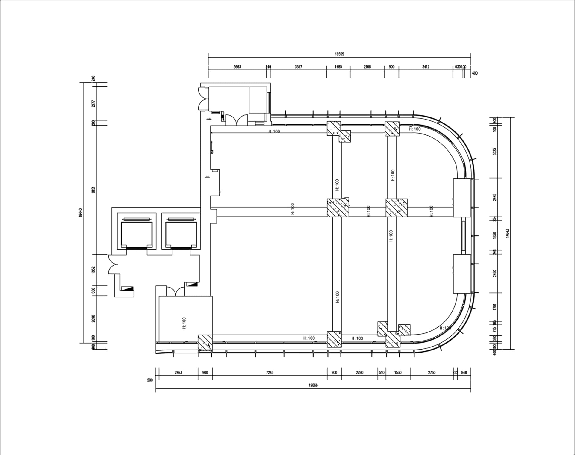 Industrial engineering floor plan depicting steel structures and machinery.