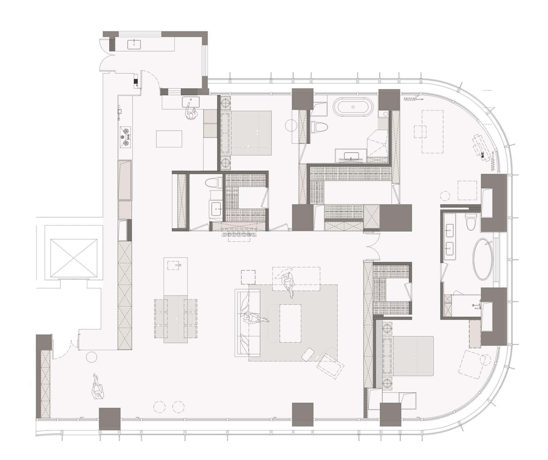 A detailed architectural drawing of a residential floor plan, showcasing various rooms and spaces.