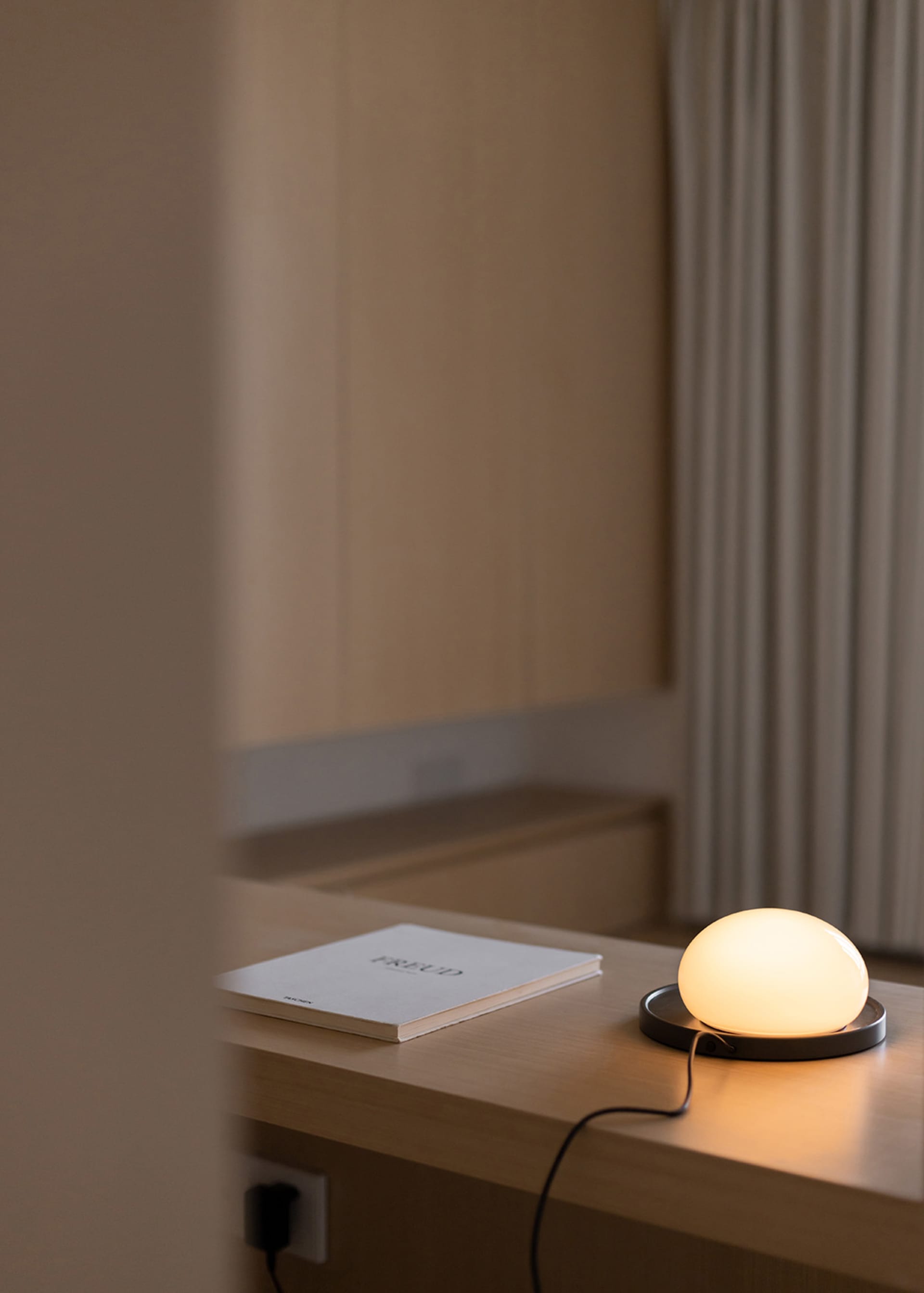 A minimalist interior design showcasing a wooden bookshelf with a white book titled 'Freud' on top.
