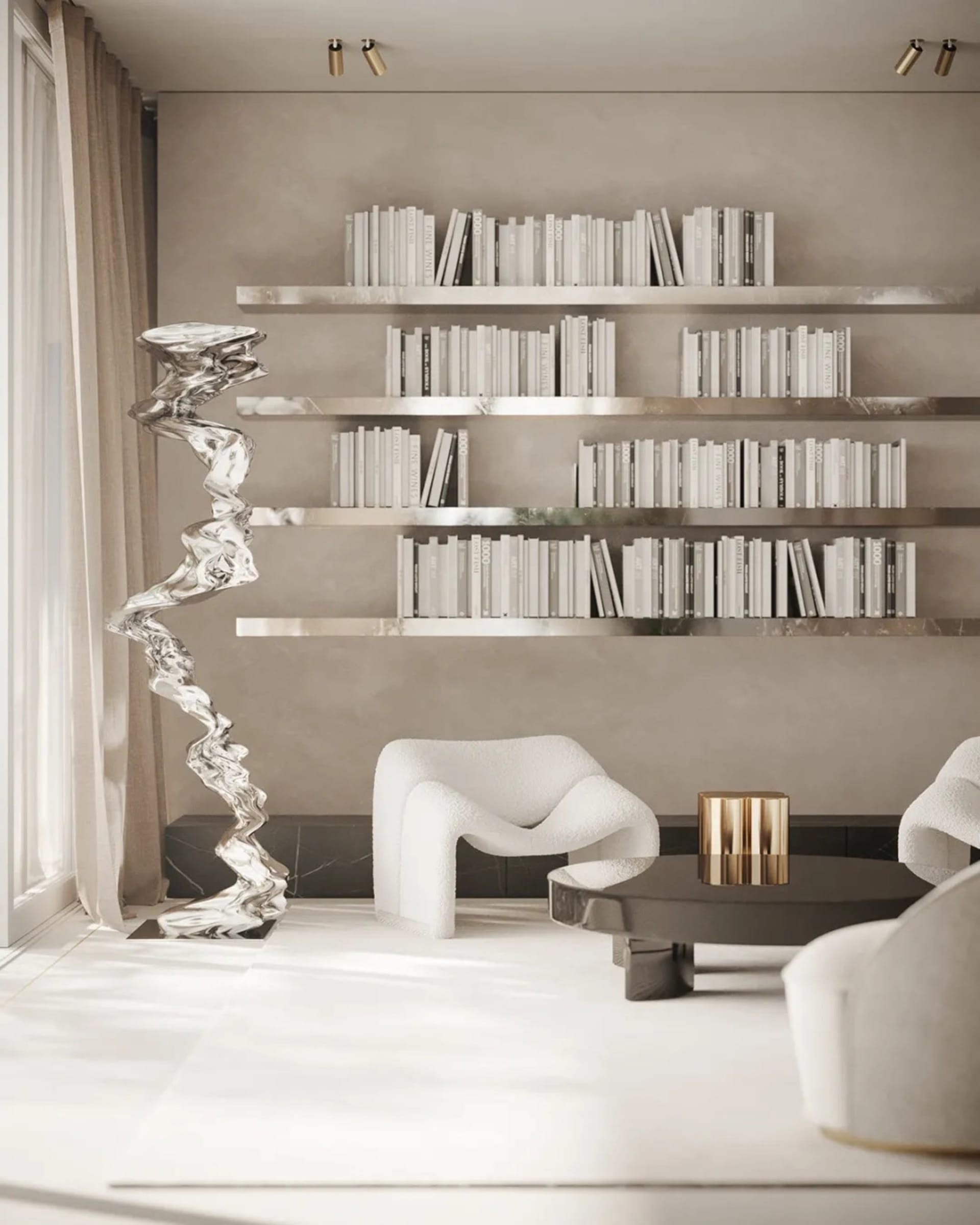 A modern living room featuring a metallic shelf on a concrete wall and floor.