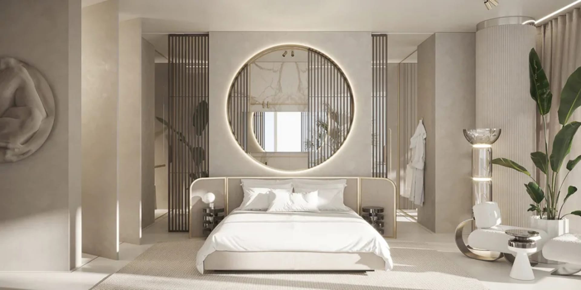 A contemporary bedroom with a textured wallpaper wall, white bed with multiple pillows, and minimalist decor.