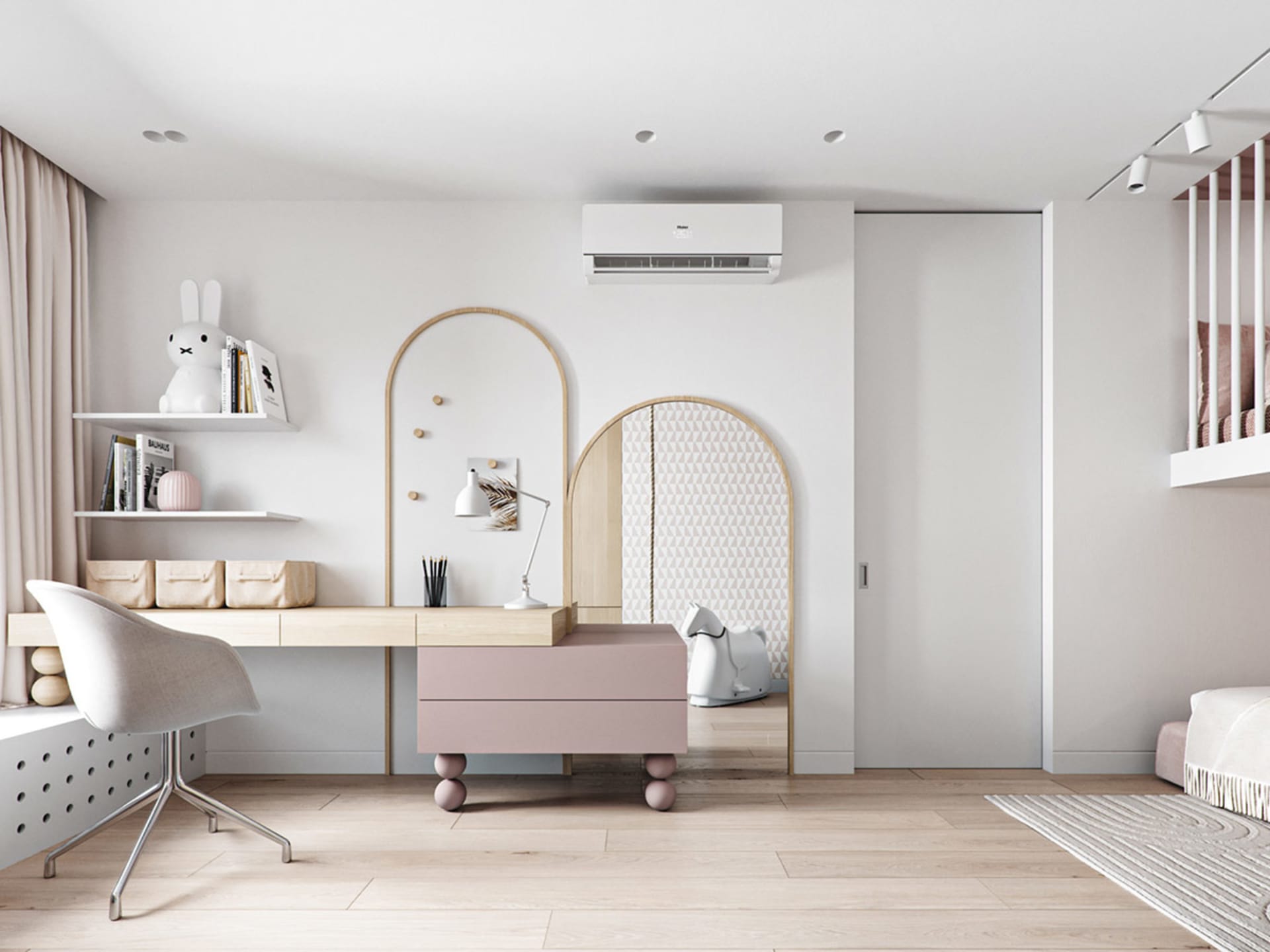 Modern minimalist bedroom featuring wooden furniture and fabric accents.