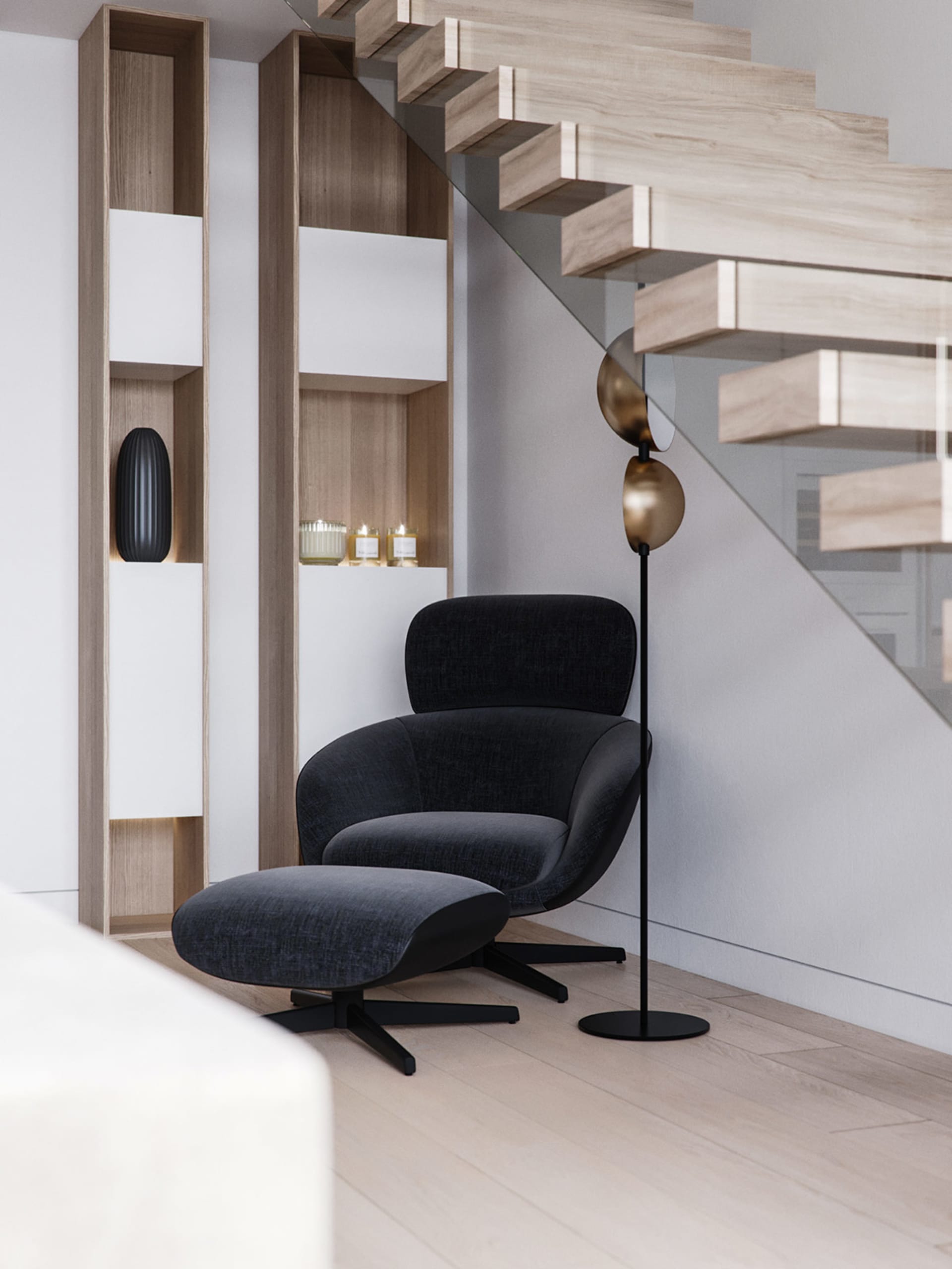Modern interior design featuring a spacious living room with a wooden staircase