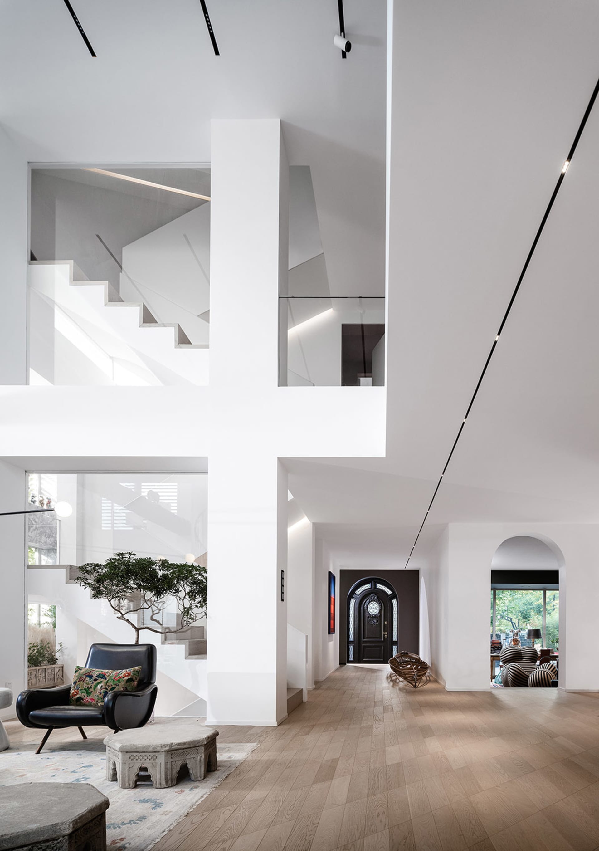 A modern living space featuring wood materials.