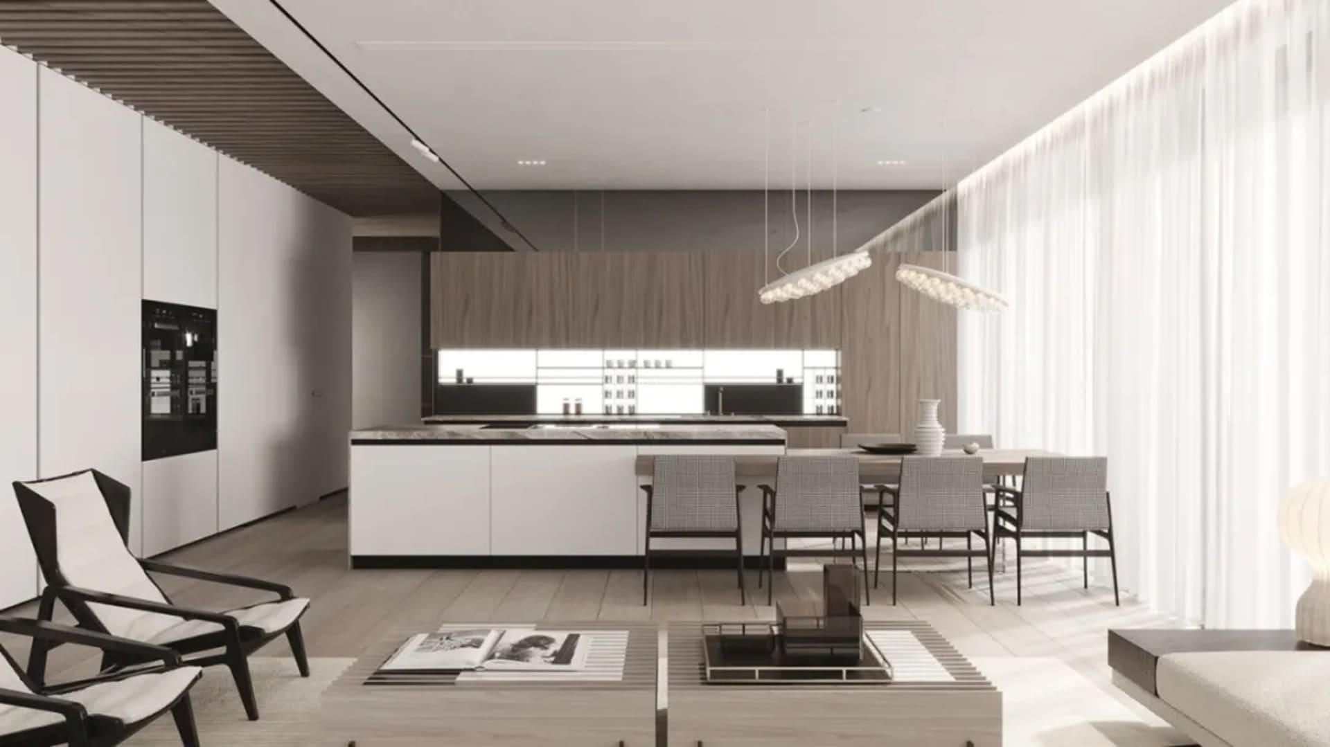 A modern residential kitchen featuring white tiles and wooden elements.